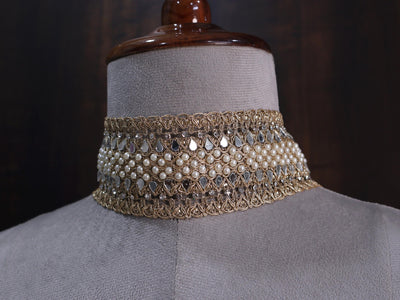 Pearl & Mirror Bohemian Choker: Handmade Ethnic Wedding Collar