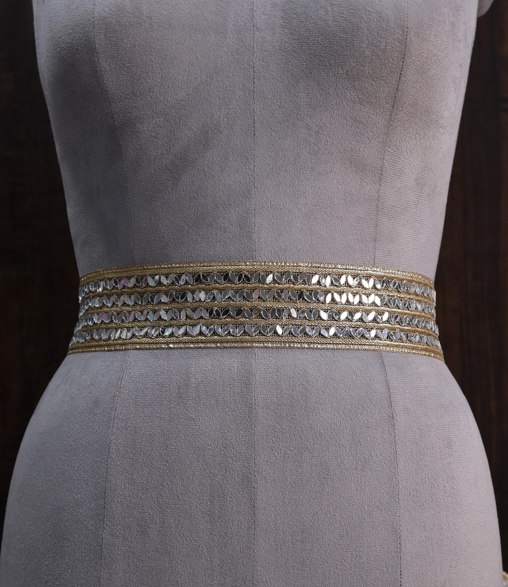 Gilded Bloom Gold Linear Mirror Embellished Waist Belt, Ethnic Statement Jewelry