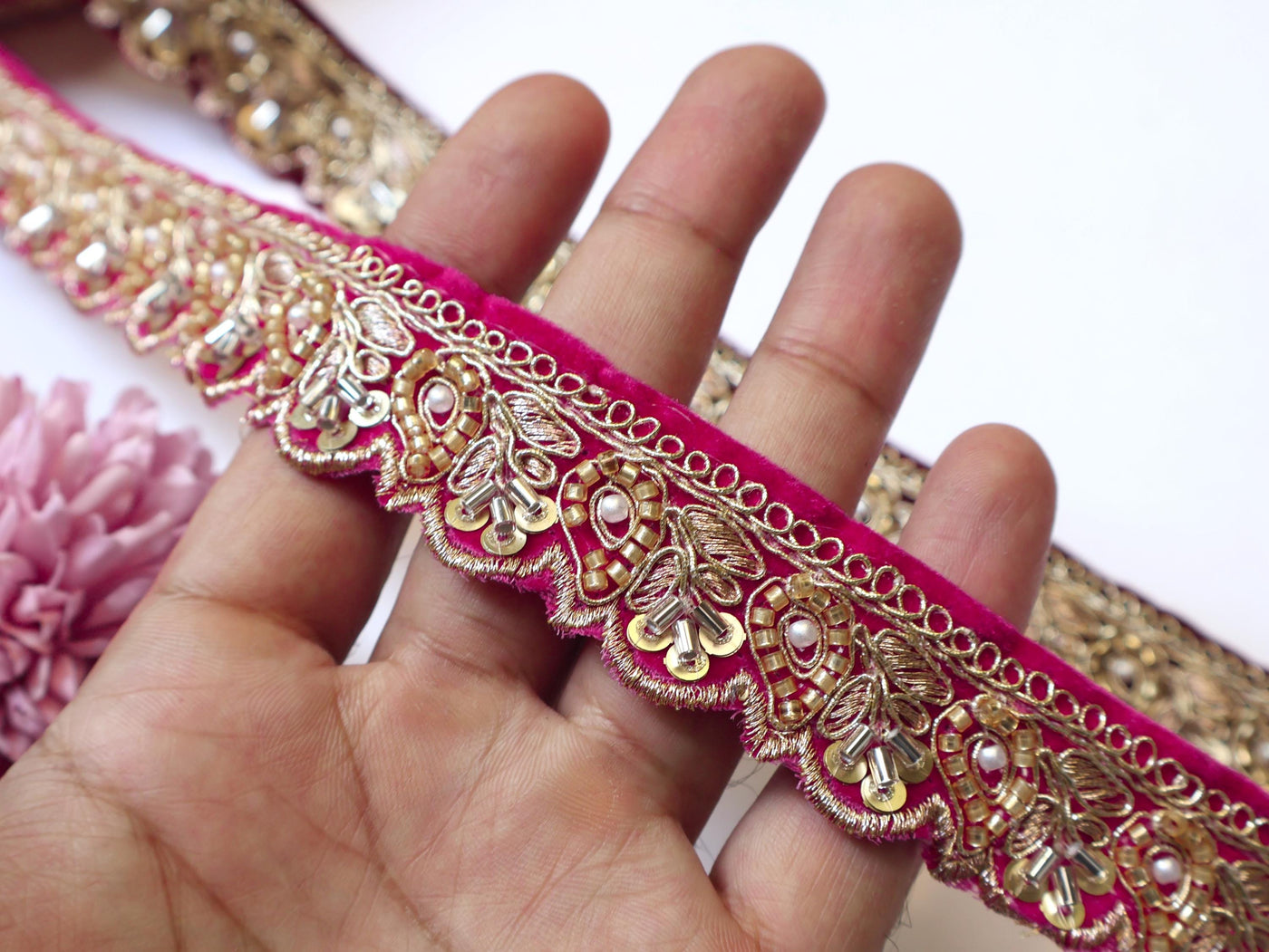 Velvet Beadswork Trim Lace: Maroon Magenta Indian Sari Border, 9 Yards