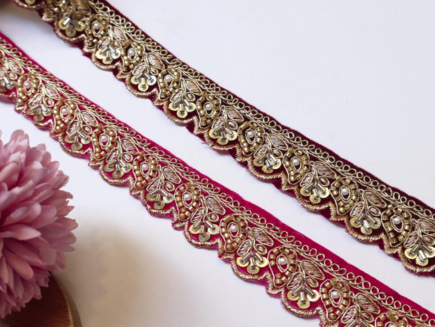 Velvet Beadswork Trim Lace: Maroon Magenta Indian Sari Border, 9 Yards