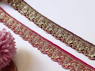 Velvet Beadswork Trim Lace: Maroon Magenta Indian Sari Border, 9 Yards