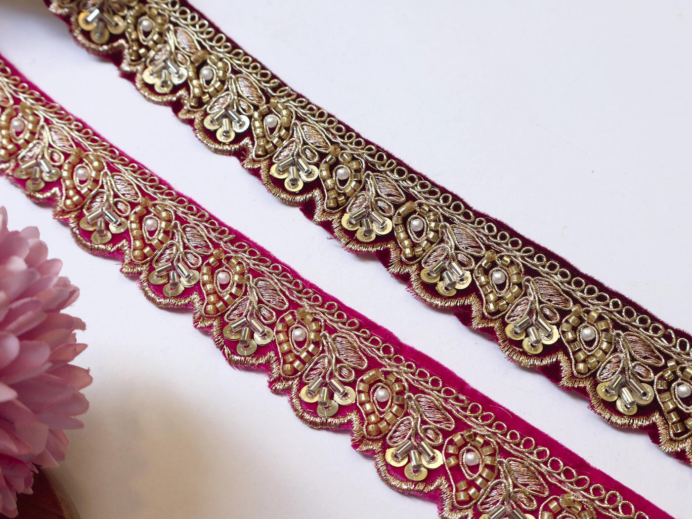 Velvet Beadswork Trim Lace: Maroon Magenta Indian Sari Border, 9 Yards