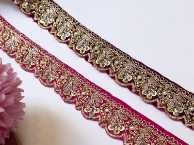 Velvet Beadswork Trim Lace: Maroon Magenta Indian Sari Border, 9 Yards