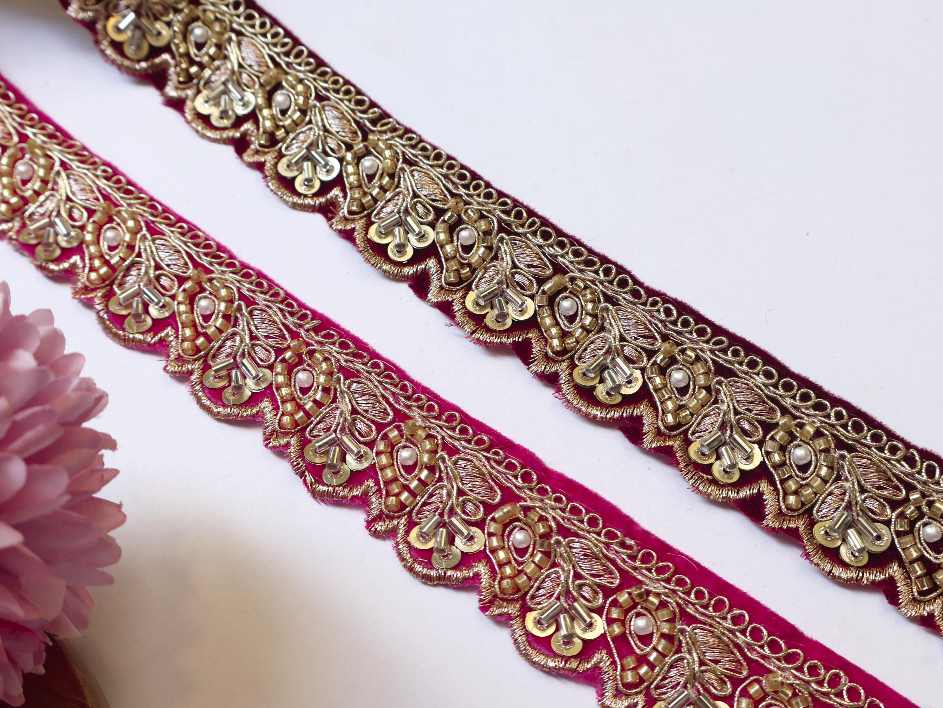 Velvet Beadswork Trim Lace: Maroon Magenta Indian Sari Border, 9 Yards