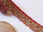 Red Velvet & Golden Beadwork Trim: Indian Wedding Sari Lace, 9 Yards