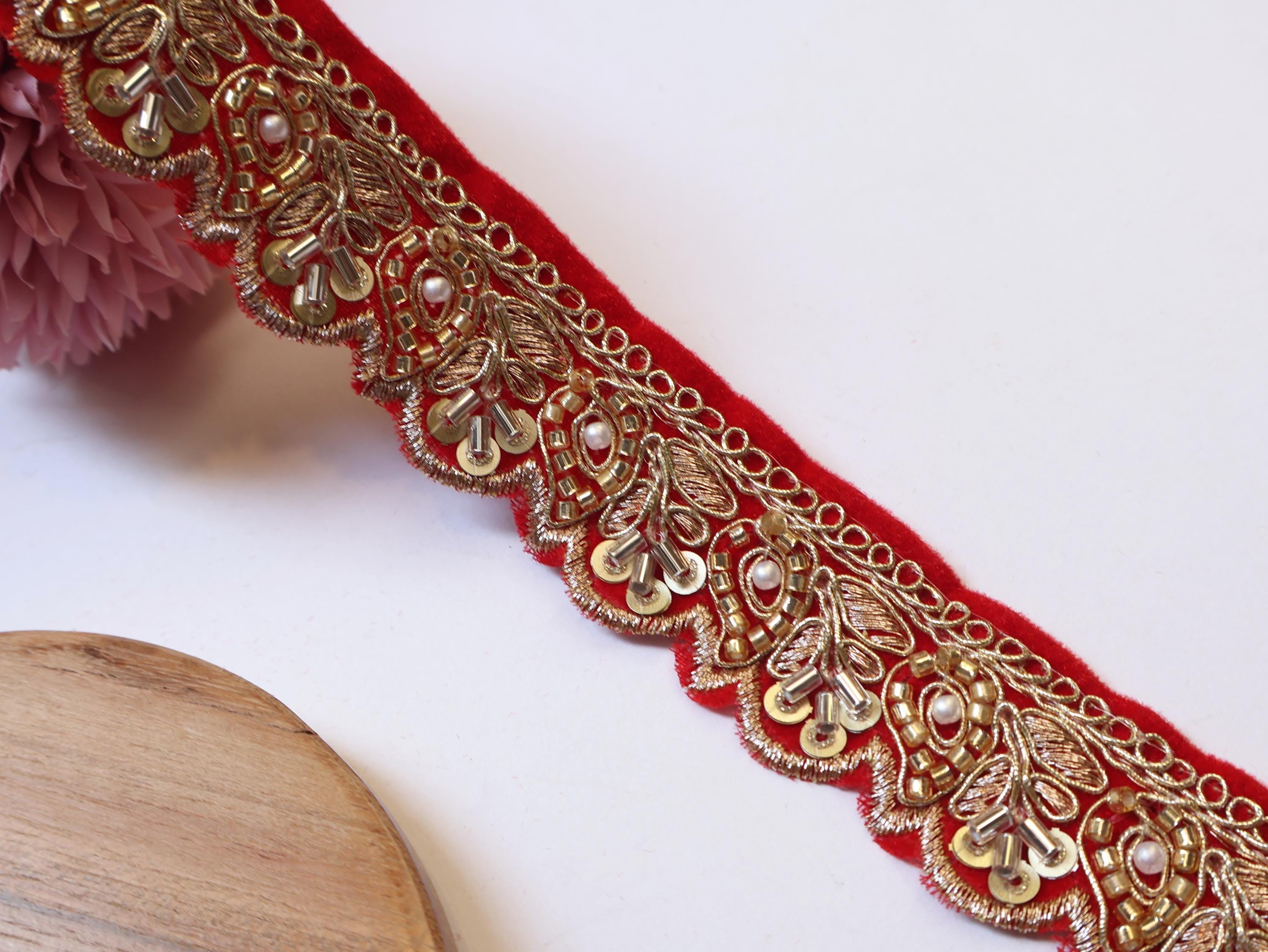 Red Velvet & Golden Beadwork Trim: Indian Wedding Sari Lace, 9 Yards
