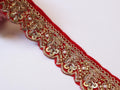 Red Velvet & Golden Beadwork Trim: Indian Wedding Sari Lace, 9 Yards