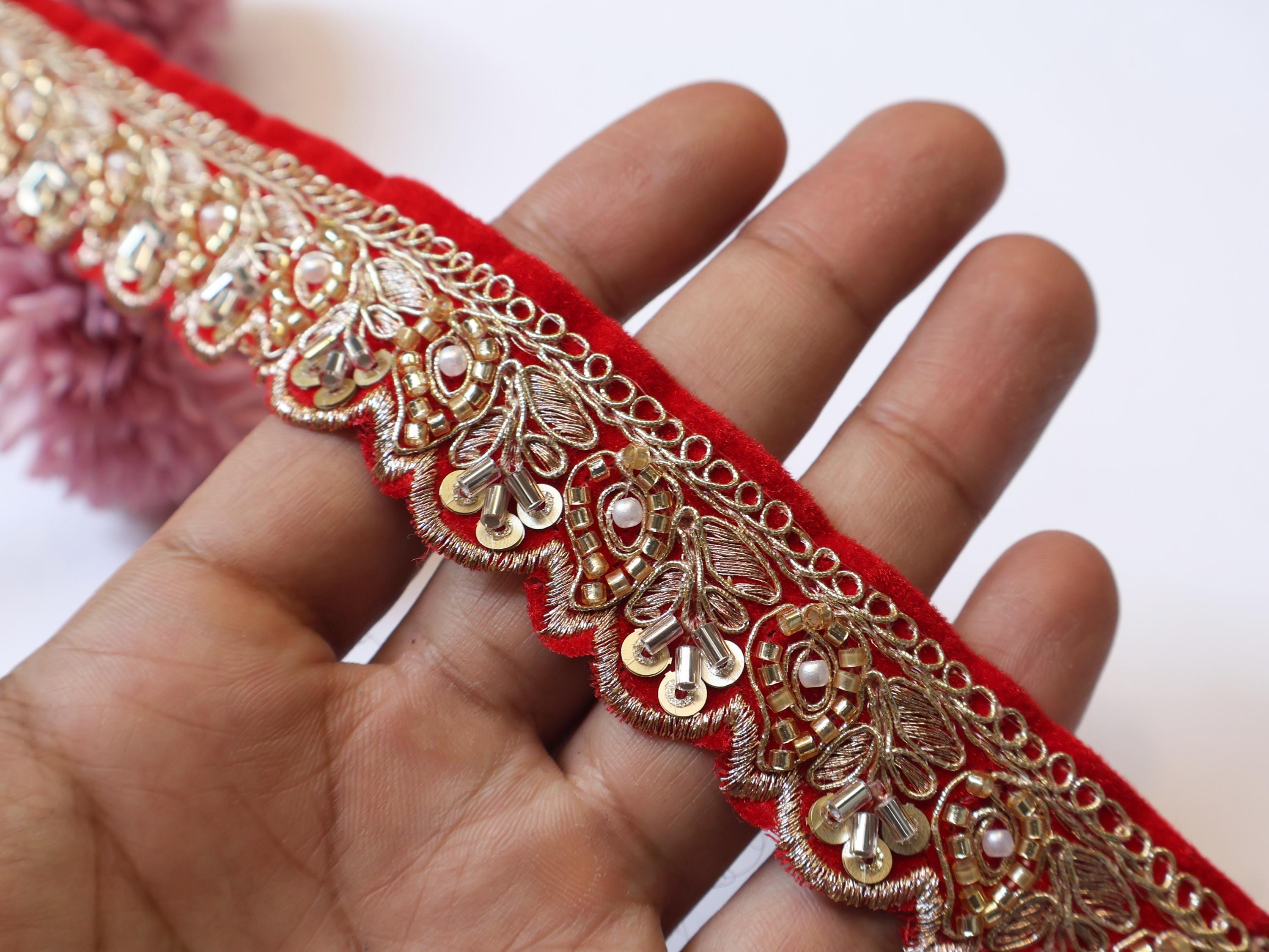 Red Velvet & Golden Beadwork Trim: Indian Wedding Sari Lace, 9 Yards