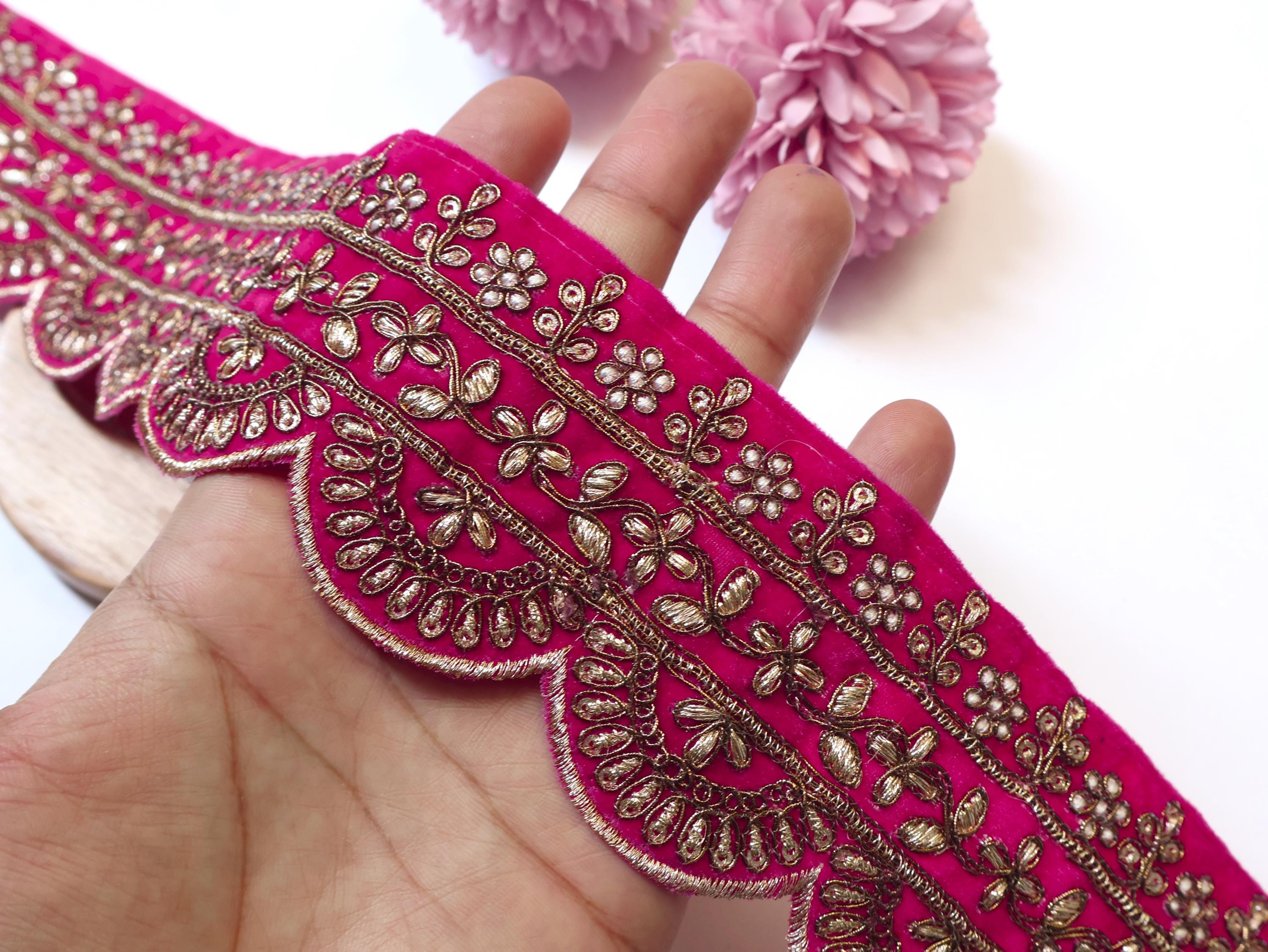 Magenta Velvet Zari Embroidered Lace: Scalloped Sari Border Trim