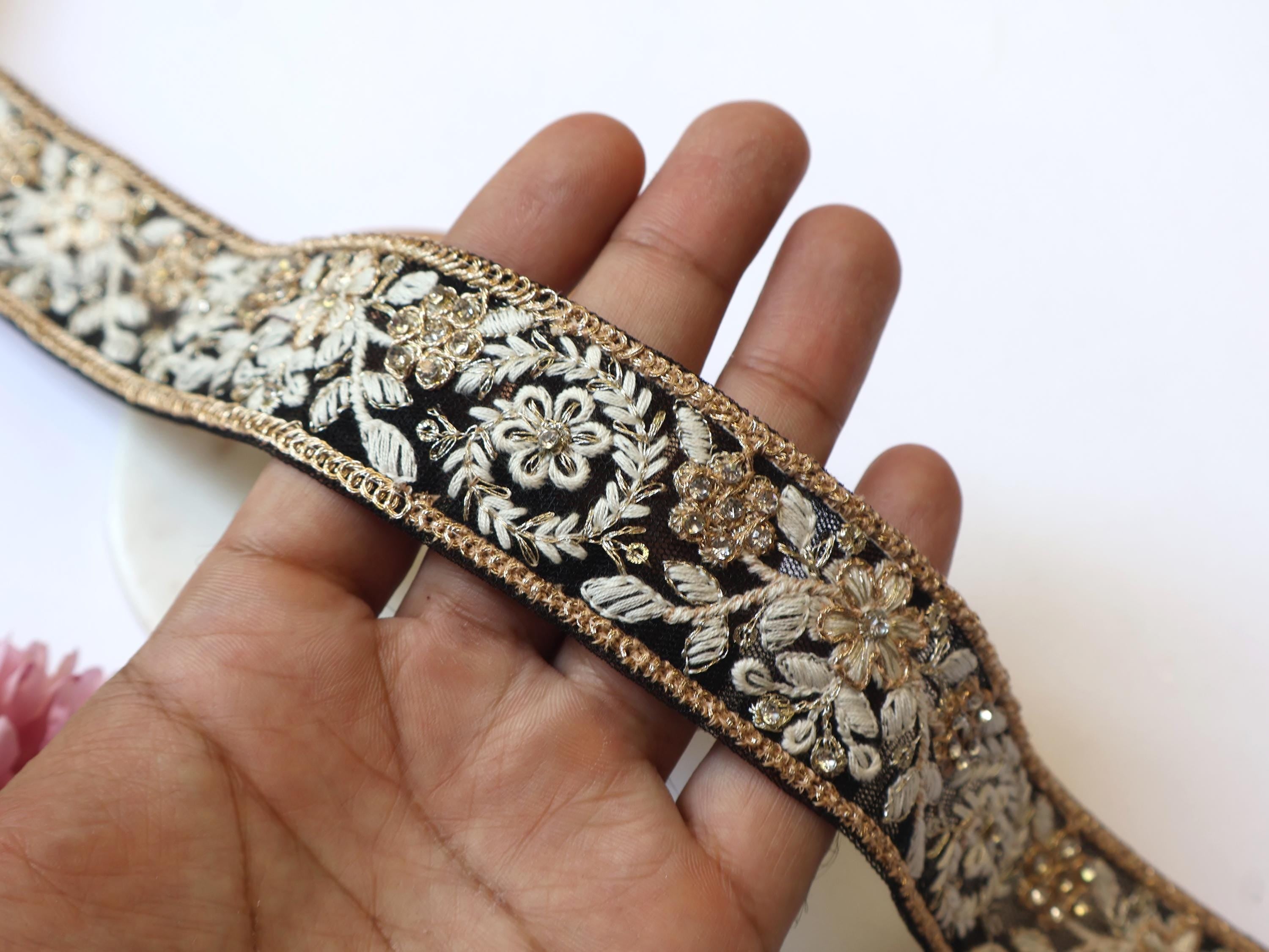 Floral Sari Trim: Black & Creme Threadwork Embroidered Lace - 9 Yards