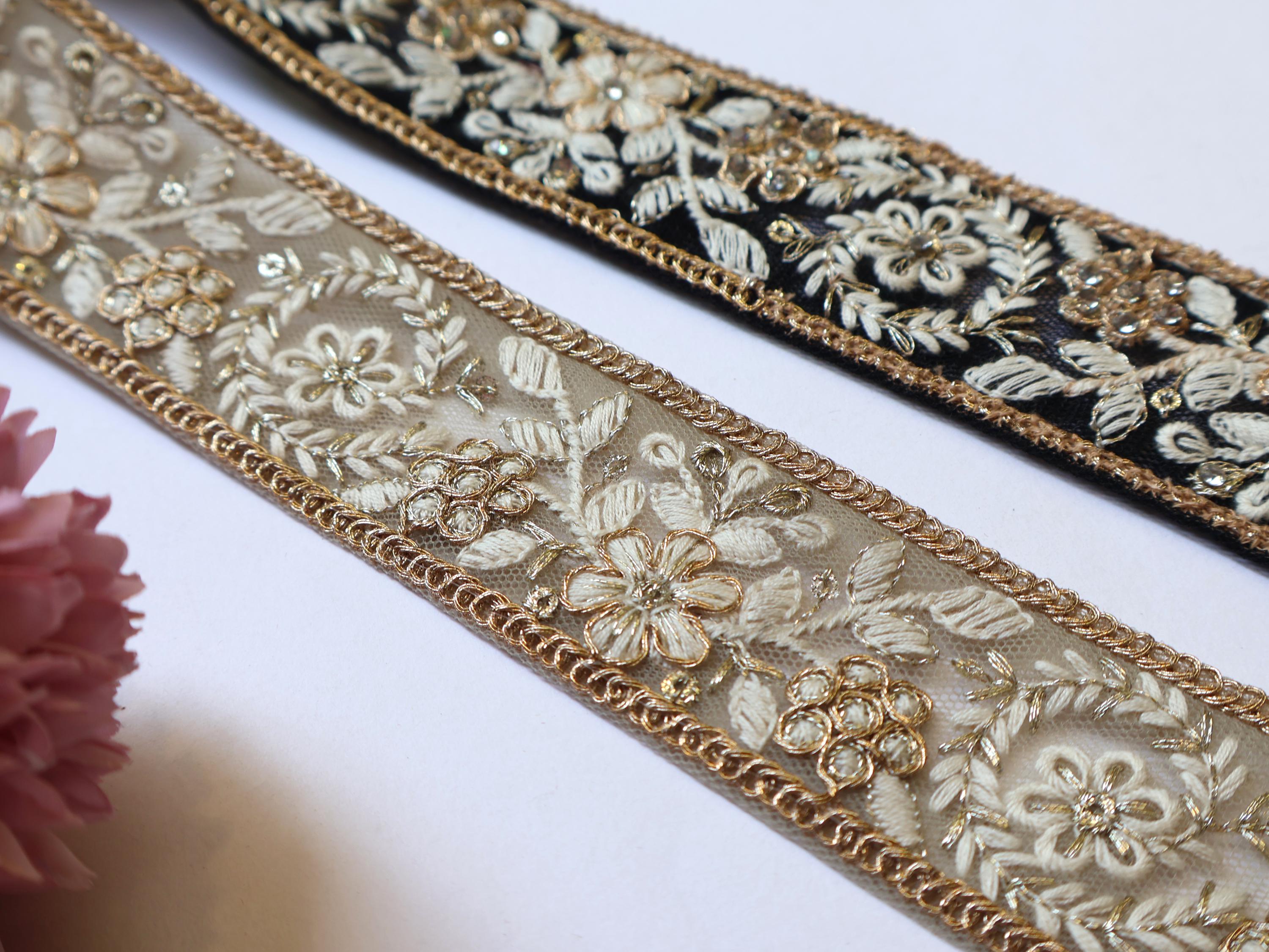 Floral Sari Trim: Black & Creme Threadwork Embroidered Lace - 9 Yards