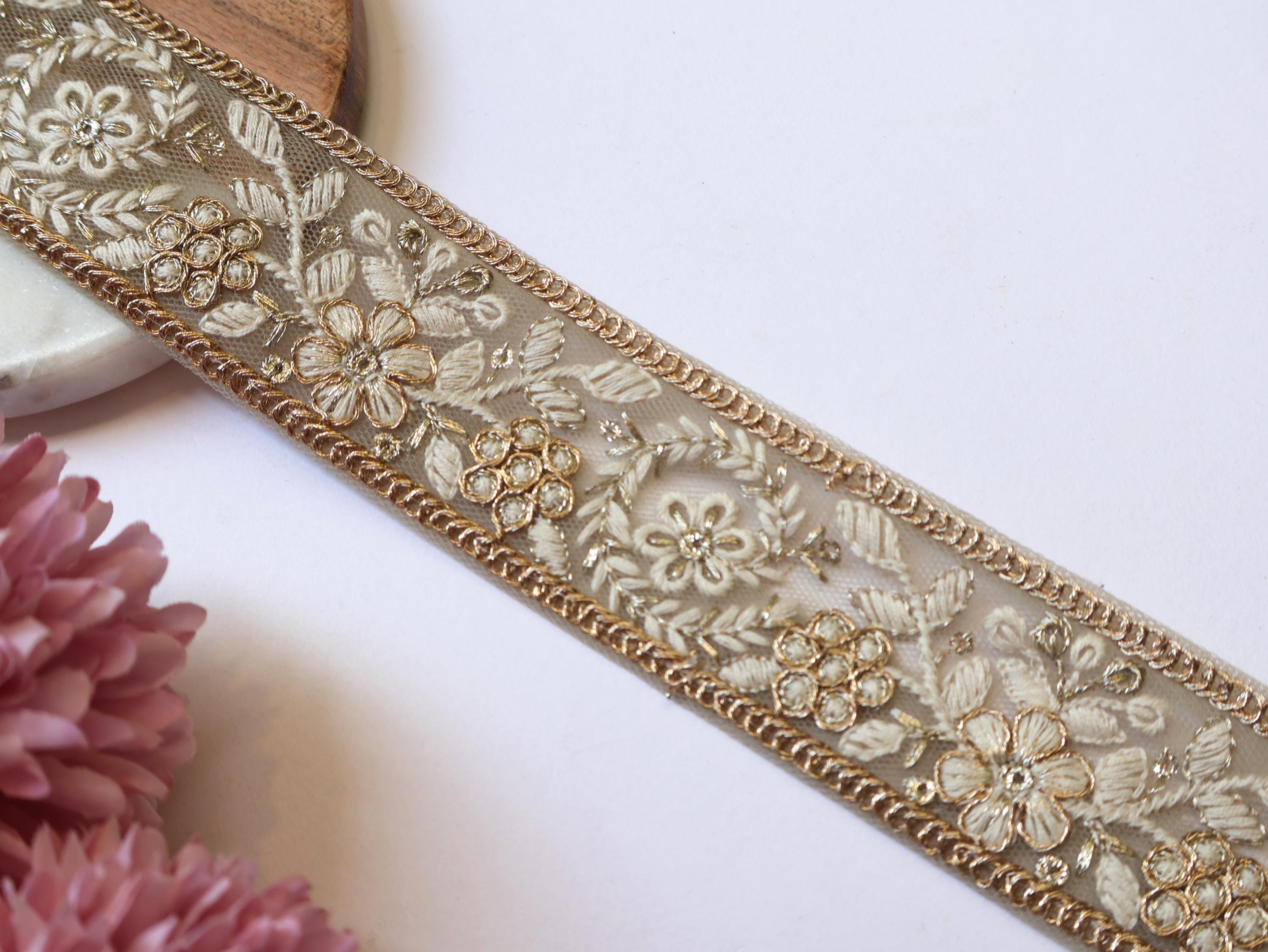 Floral Sari Trim: Black & Creme Threadwork Embroidered Lace - 9 Yards