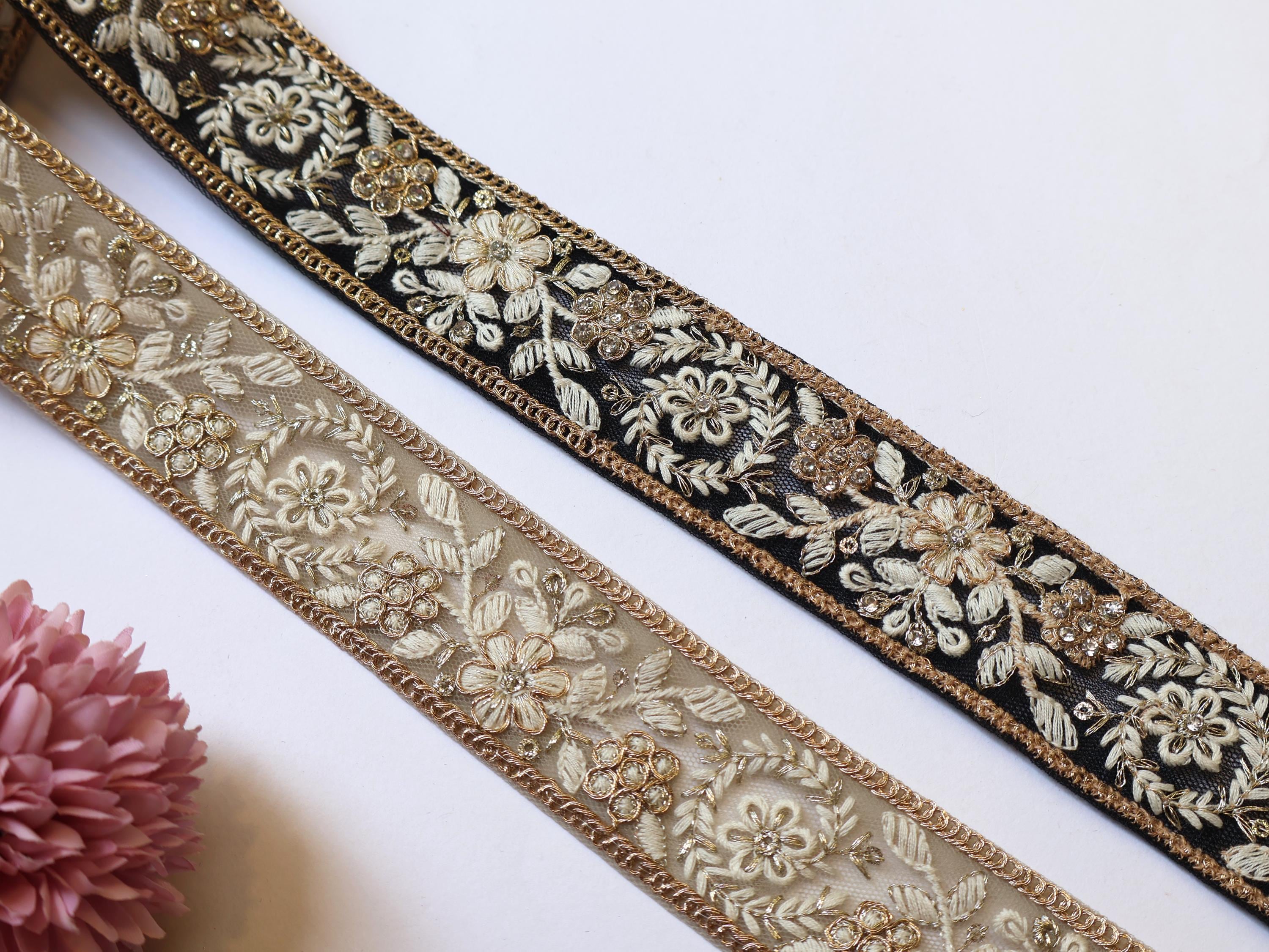 Floral Sari Trim: Black & Creme Threadwork Embroidered Lace - 9 Yards