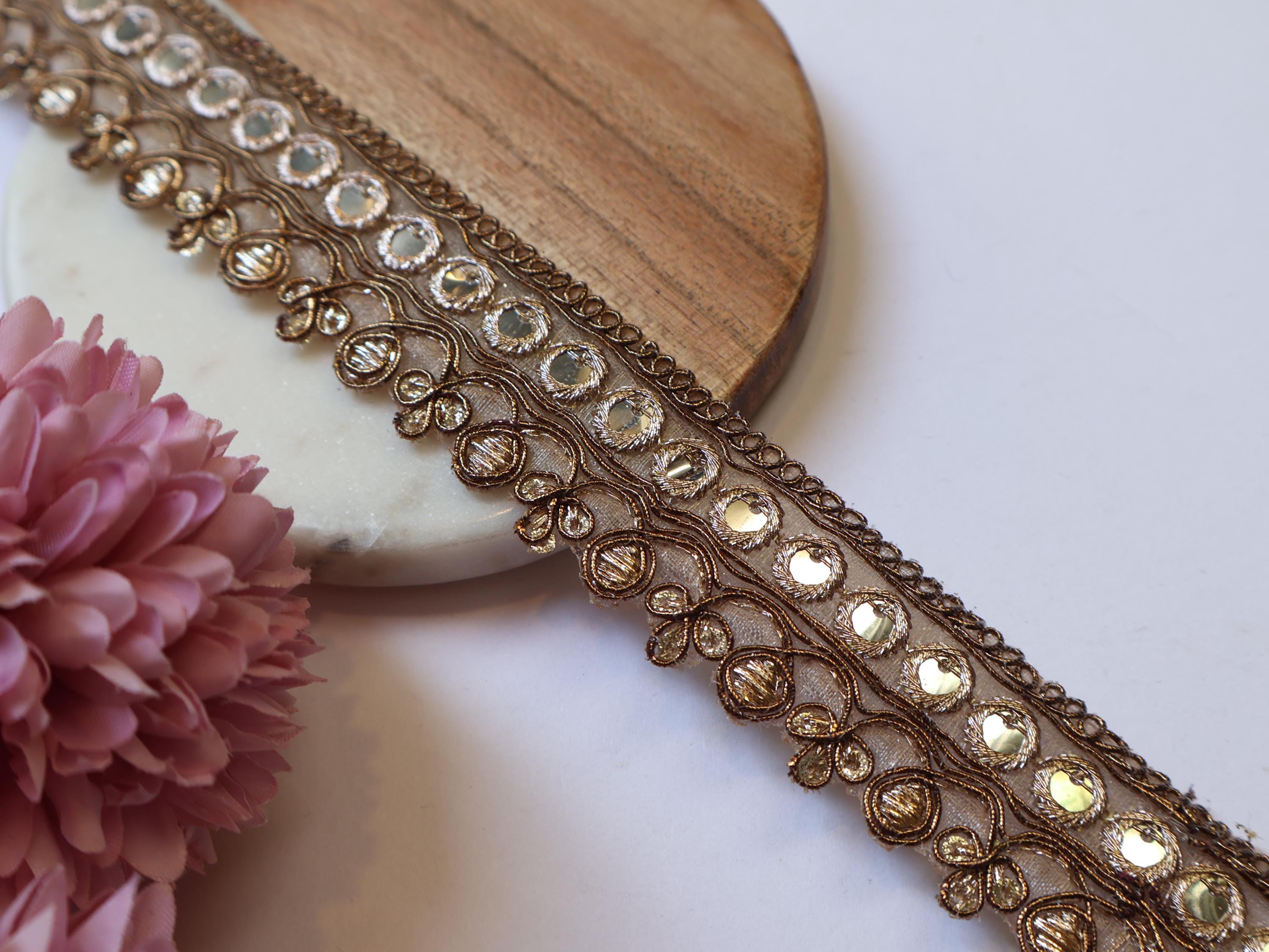 Zari Embroidered Sari Border Trim: Brown & Gold Faux Mirror Lace