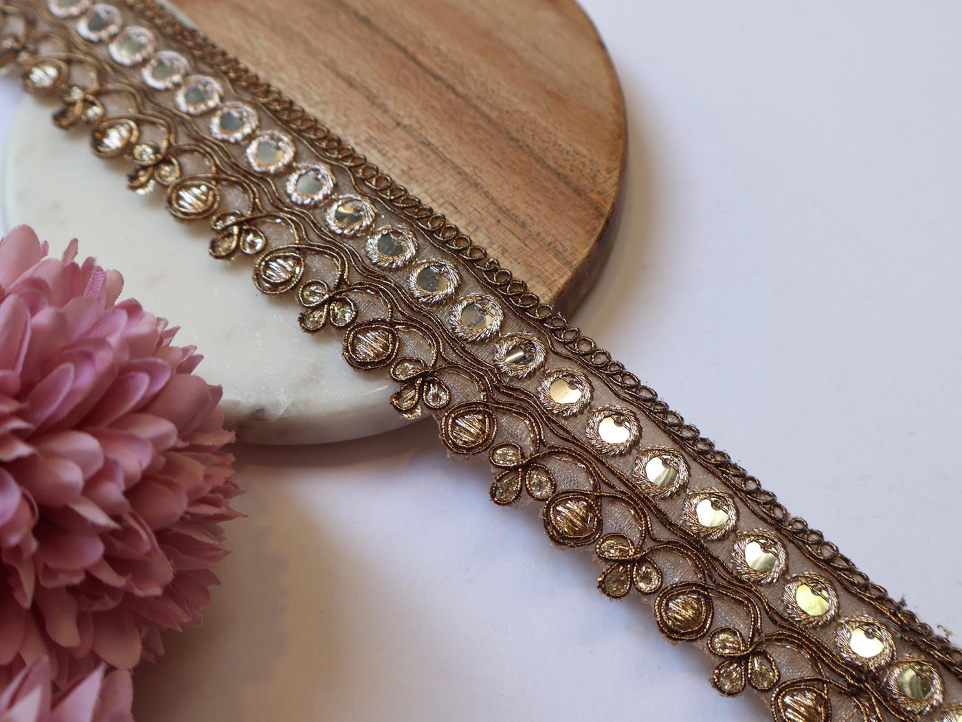Zari Embroidered Sari Border Trim: Brown & Gold Faux Mirror Lace