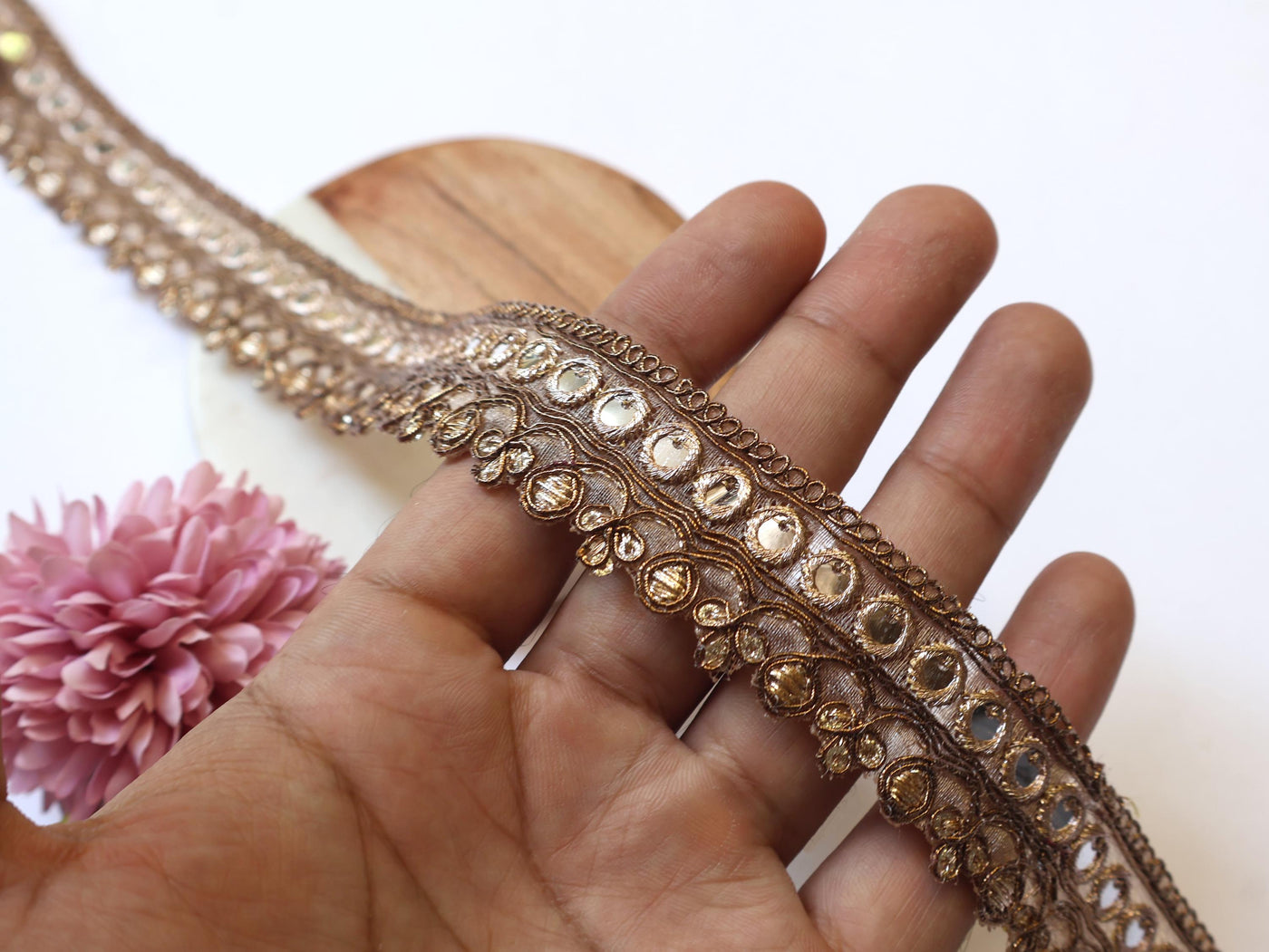 Zari Embroidered Sari Border Trim: Brown & Gold Faux Mirror Lace