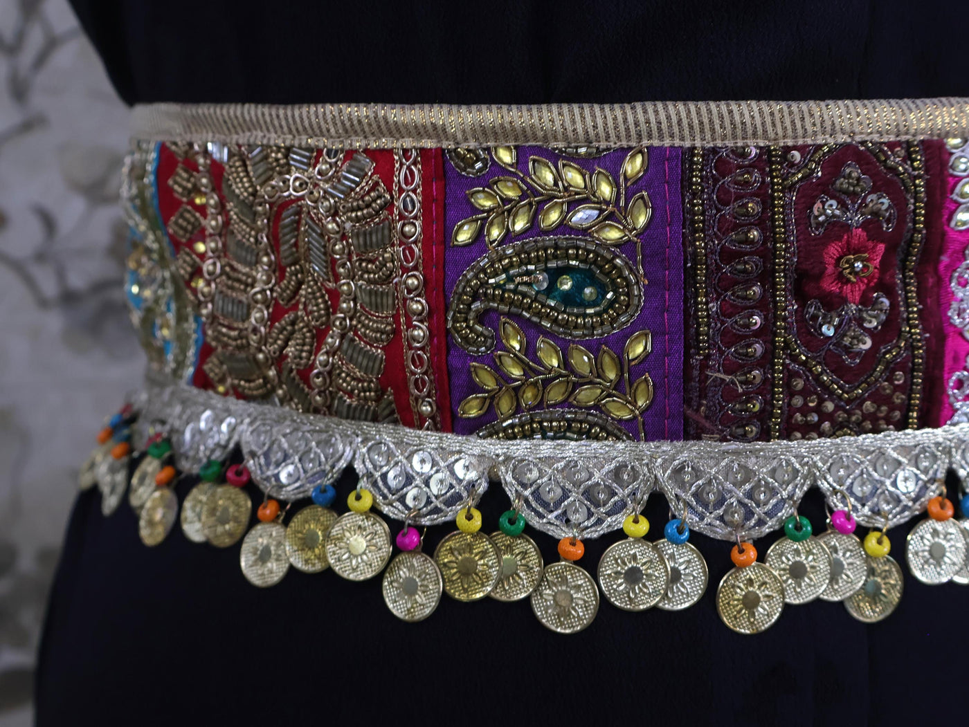 Boho Embroidered Waist Belt: Indian Fashion Metal Coin Chain