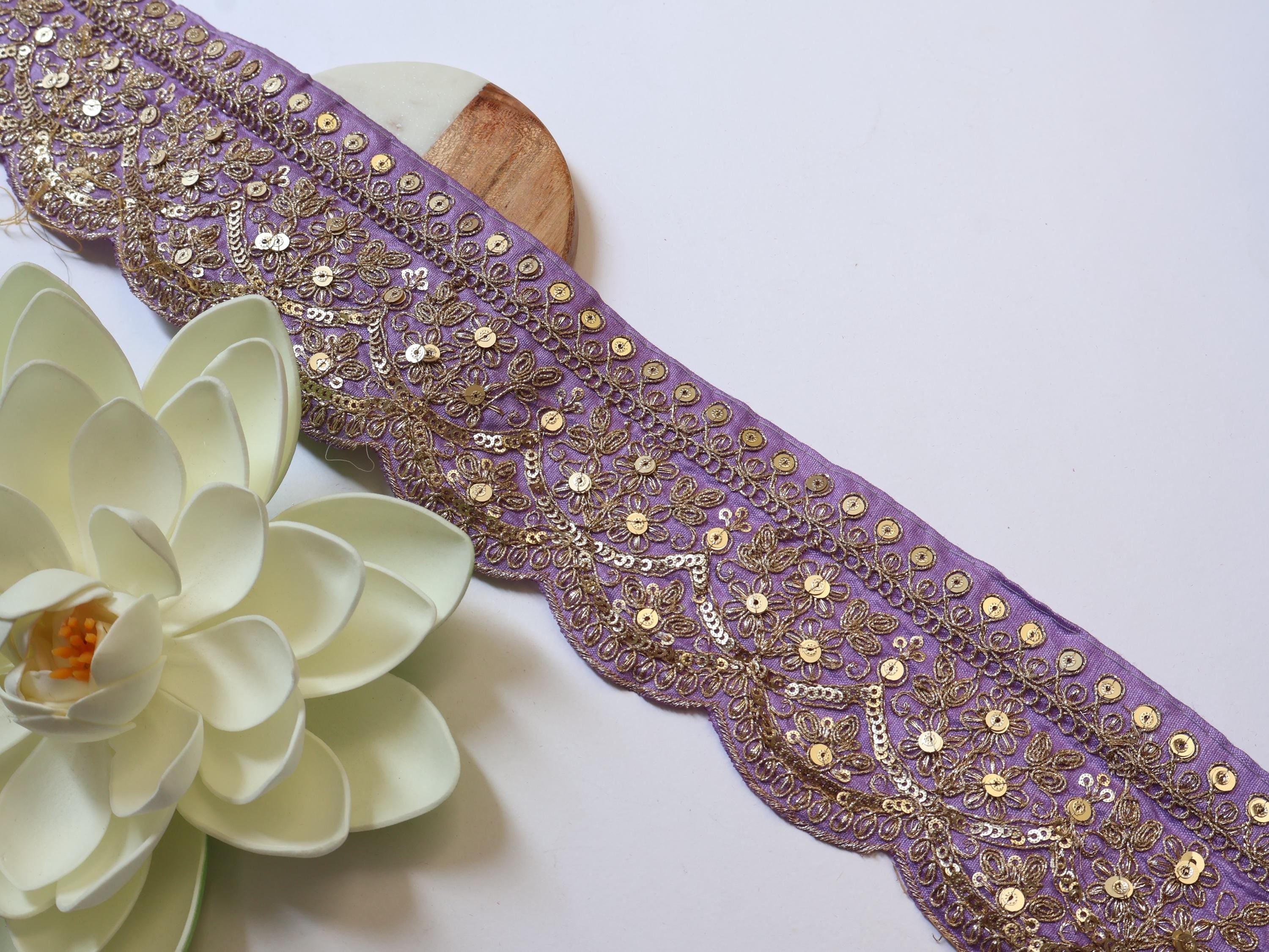 Purple & Gold Zari Embroidered Sari Lace - 9 Yards, 7cm Wide