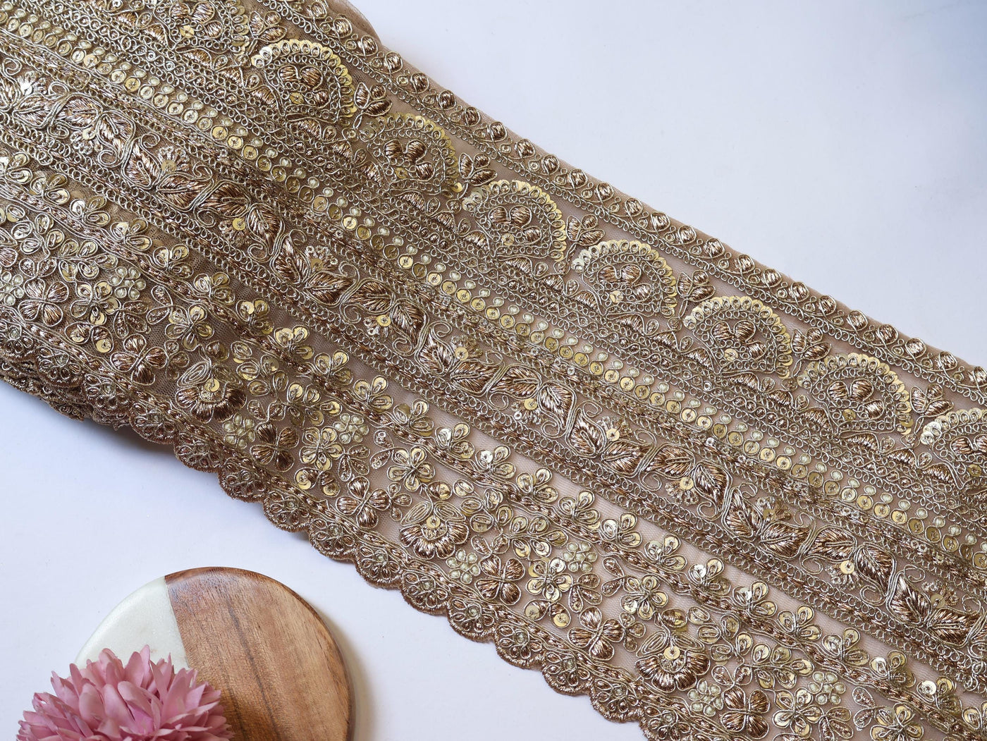 Antique Gold Floral Sequin Trim: Embroidered Sari Border, DIY Wedding Dress Lace