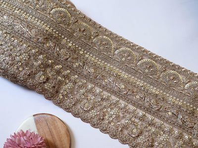 Antique Gold Floral Sequin Trim: Embroidered Sari Border, DIY Wedding Dress Lace