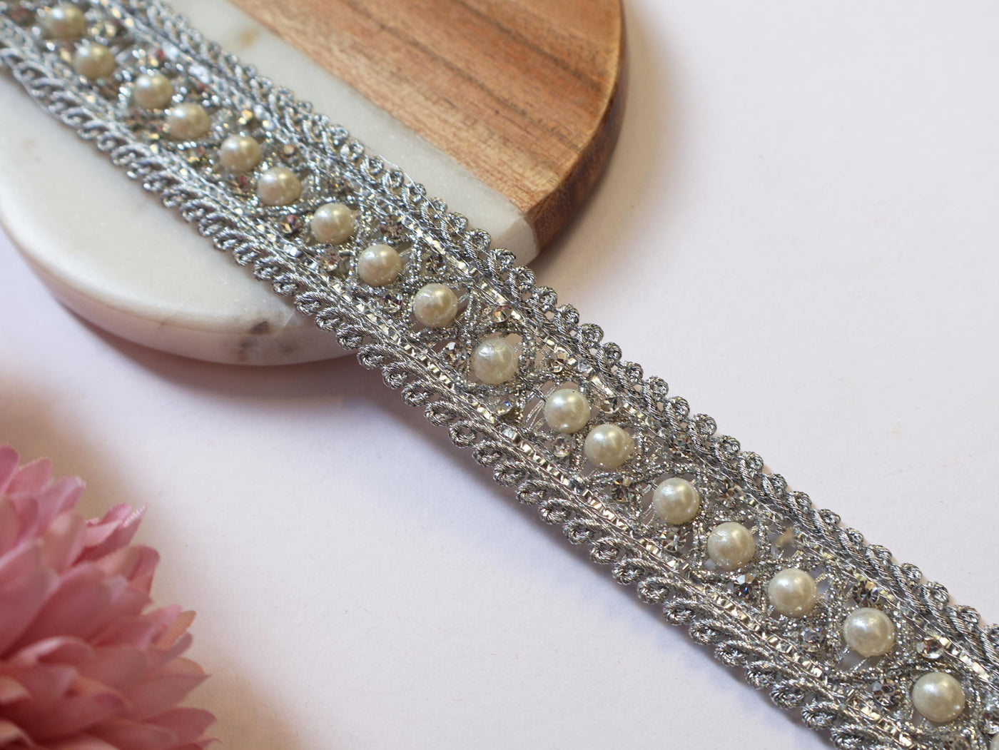 Silver Zircon & Pearl Trim Lace: Indian Sari Border, DIY Crafting - 9 Yards