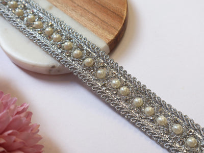 Silver Zircon & Pearl Trim Lace: Indian Sari Border, DIY Crafting - 9 Yards