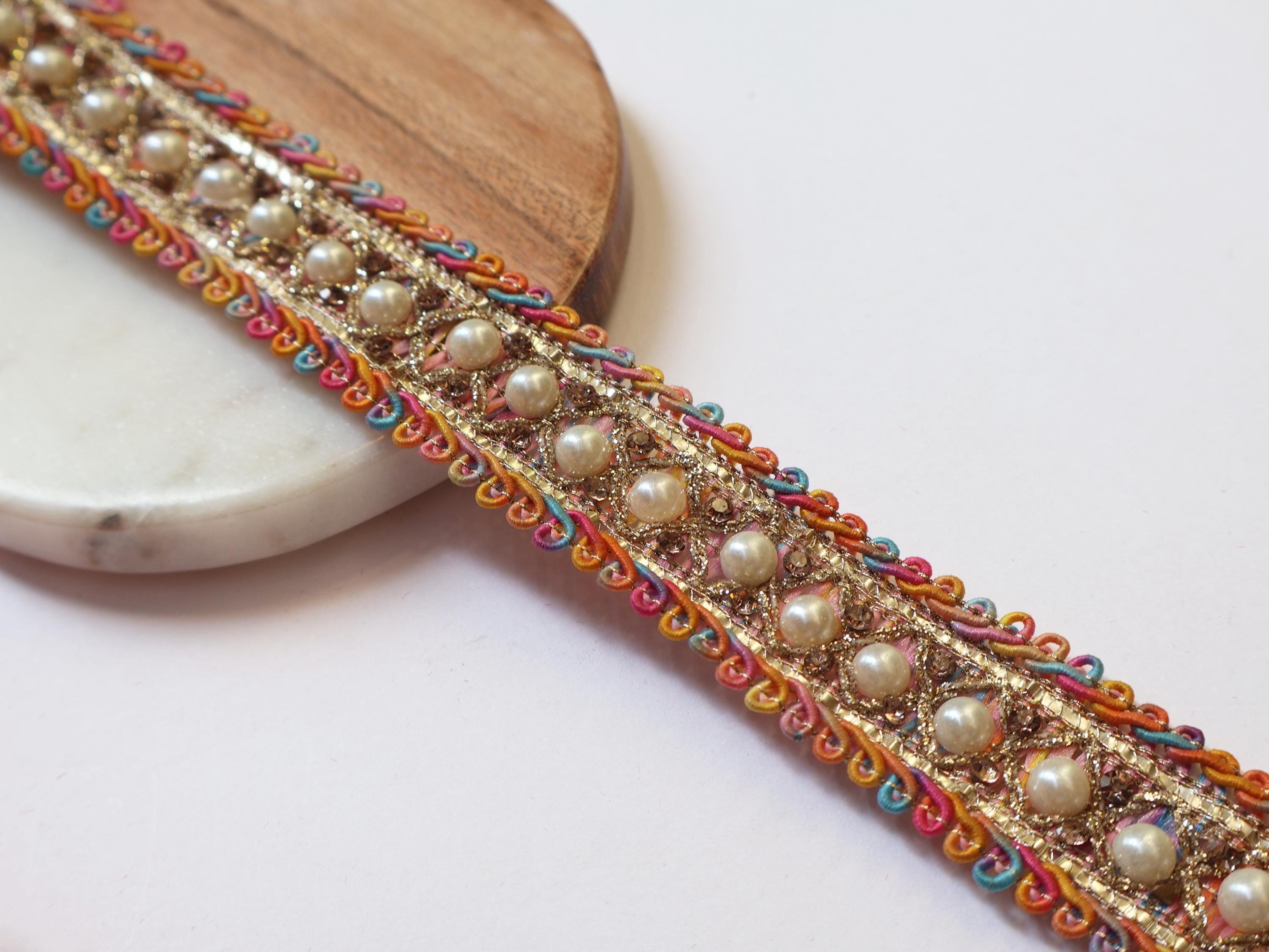Multi-Color Zircon & Pearl Trim: Indian Embroidered Sari Border Lace