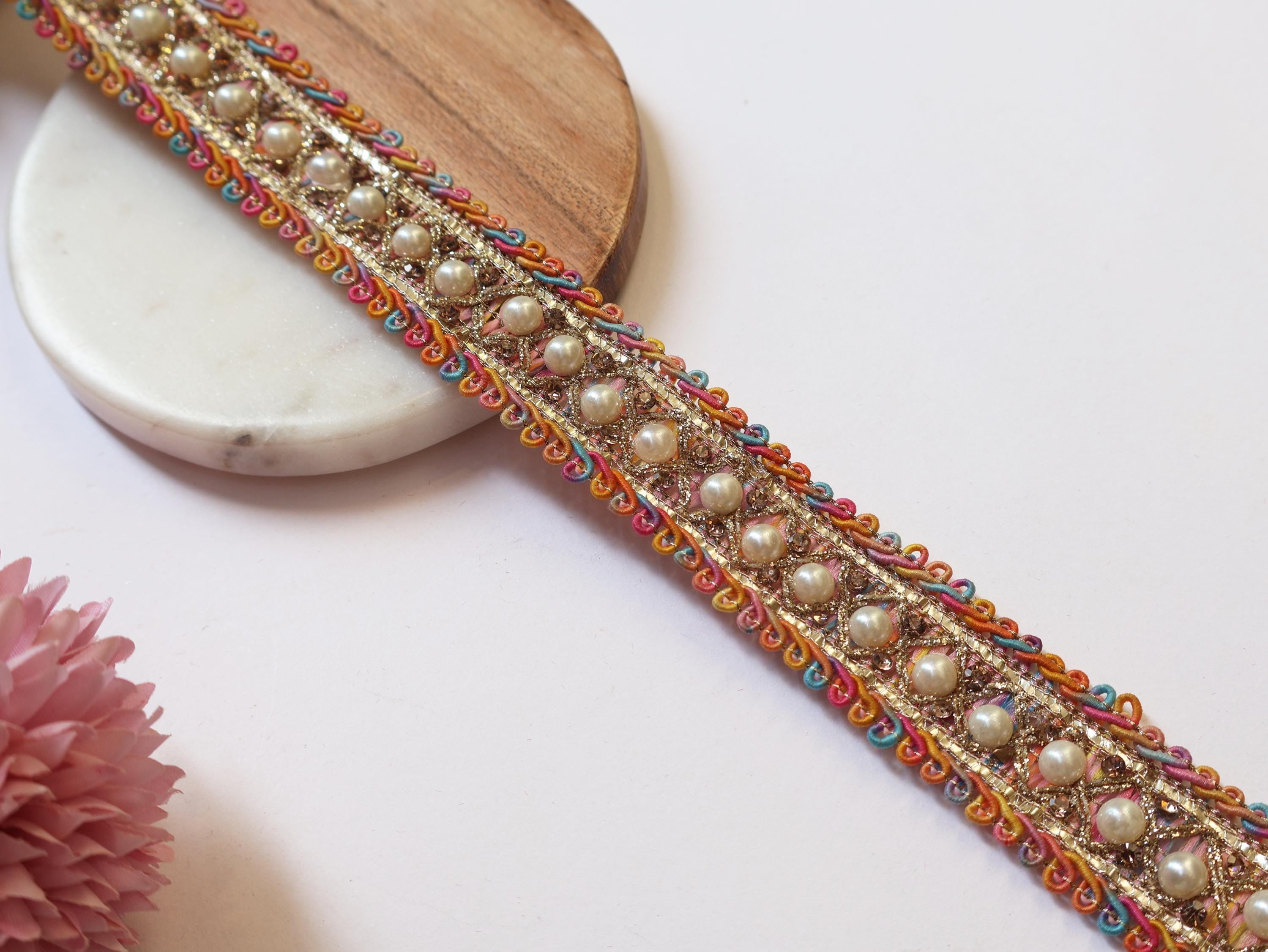 Multi-Color Zircon & Pearl Trim: Indian Embroidered Sari Border Lace