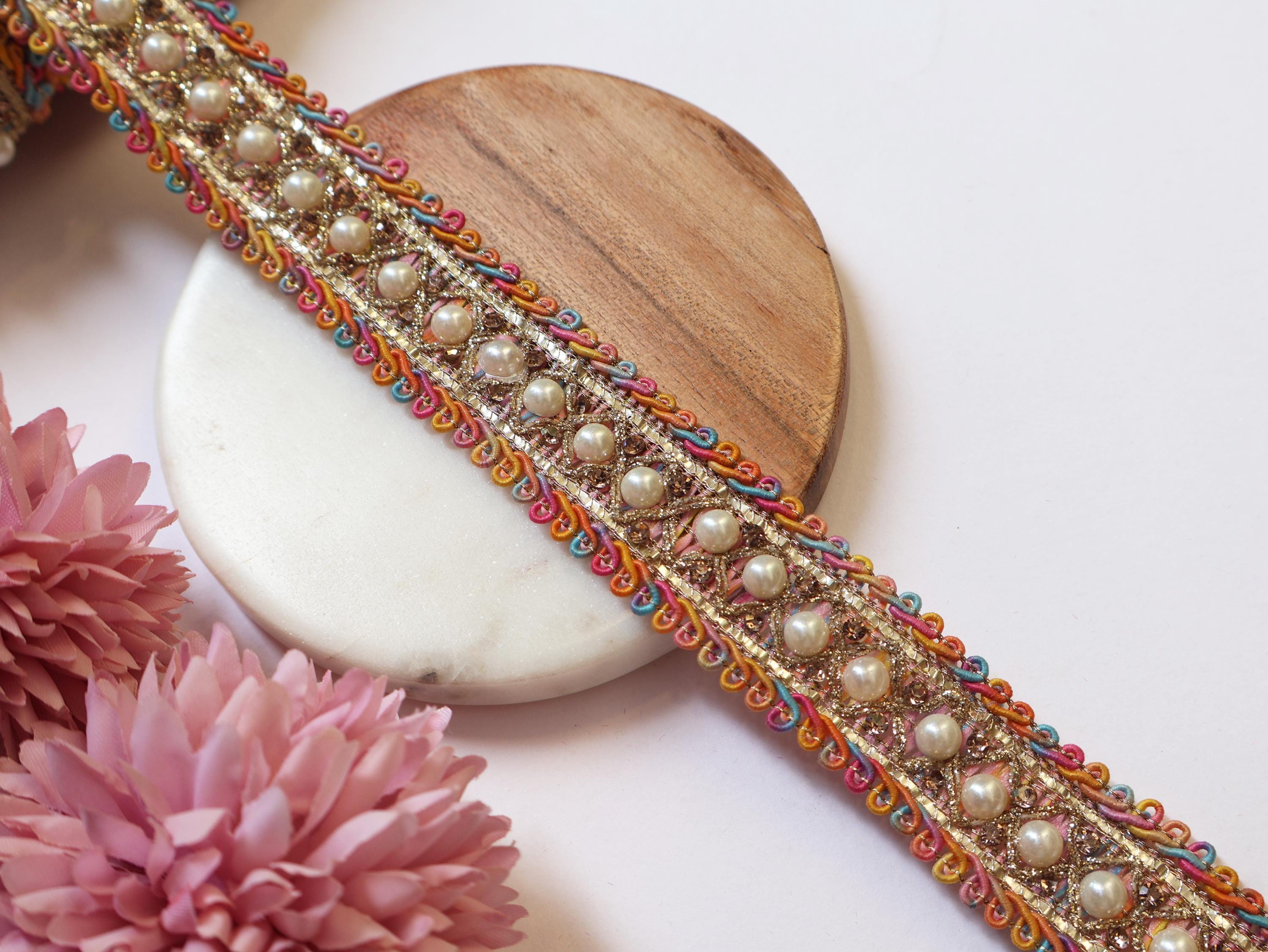 Multi-Color Zircon & Pearl Trim: Indian Embroidered Sari Border Lace