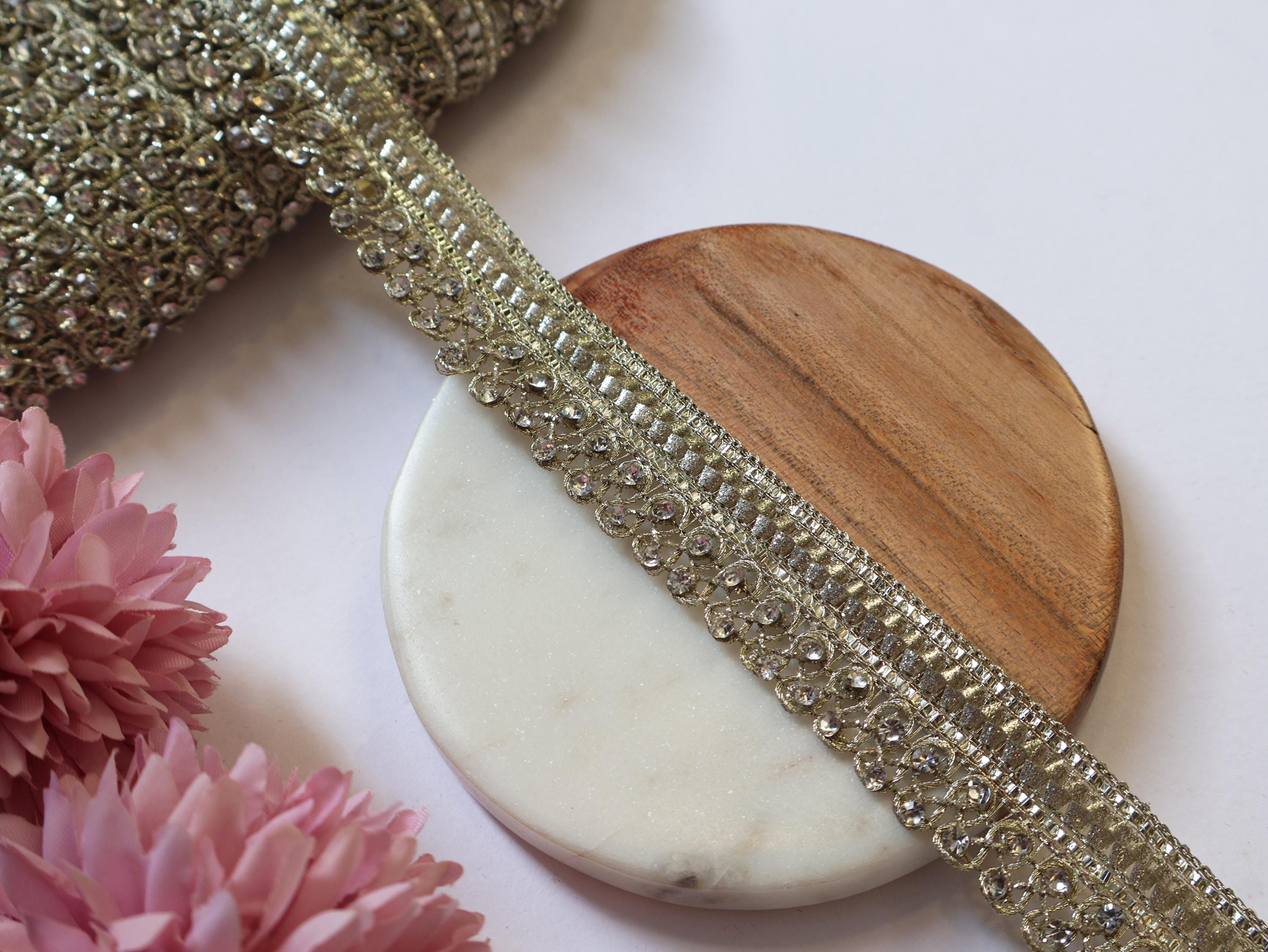 Gold Zircon Crystal Ribbon Trim: Indian Sari Border, 9 Yards