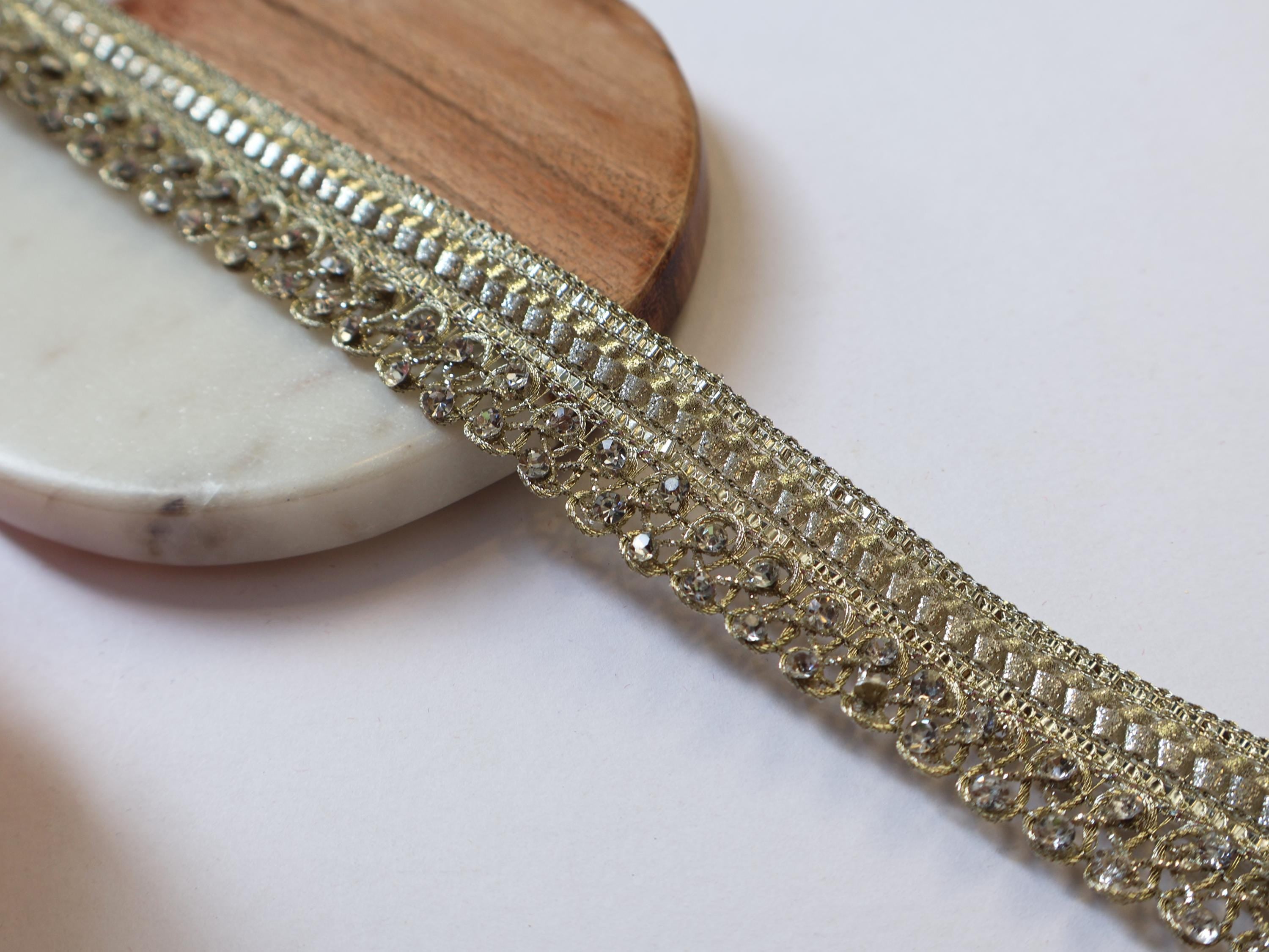 Gold Zircon Crystal Ribbon Trim: Indian Sari Border, 9 Yards