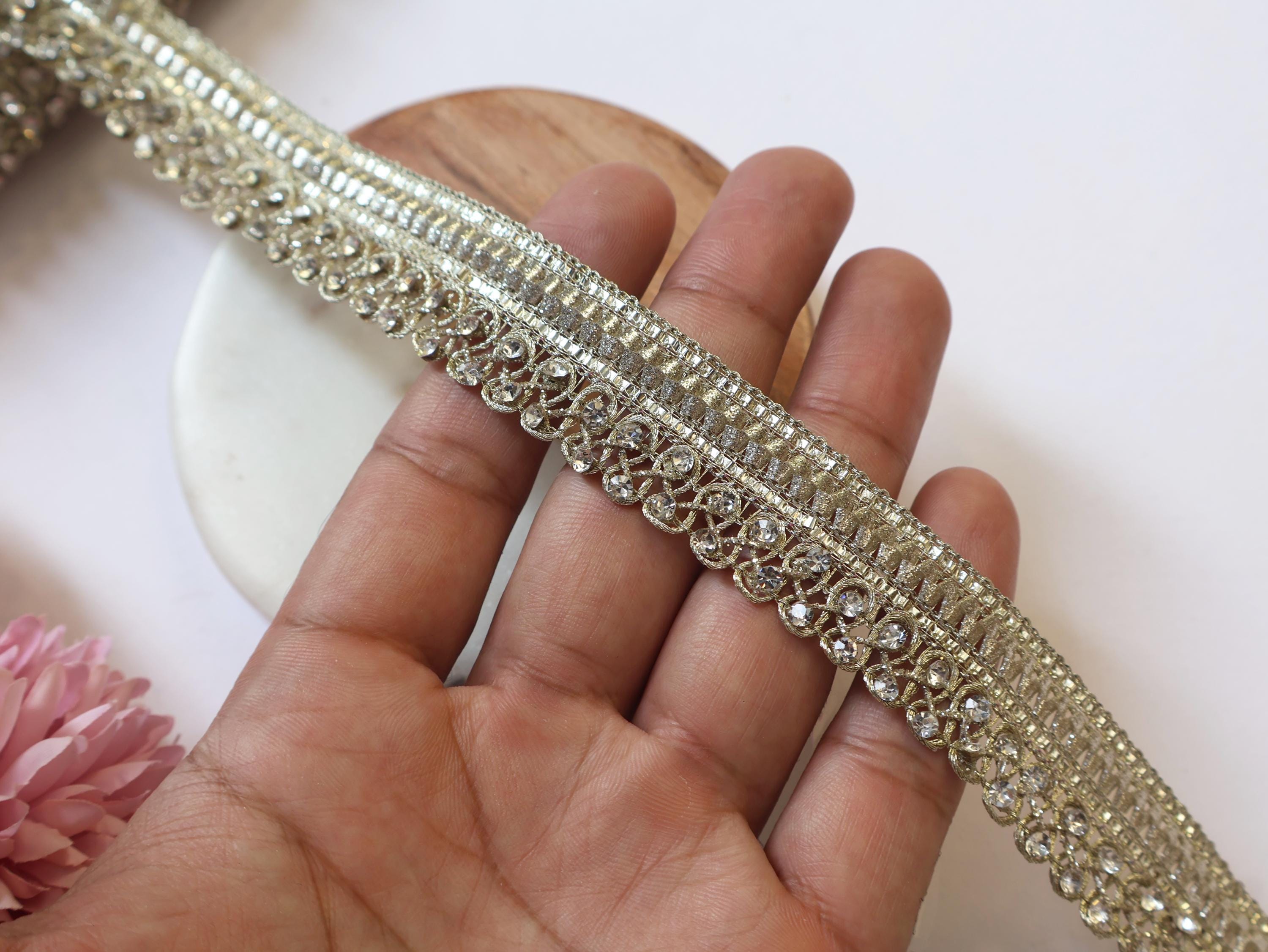 Gold Zircon Crystal Ribbon Trim: Indian Sari Border, 9 Yards