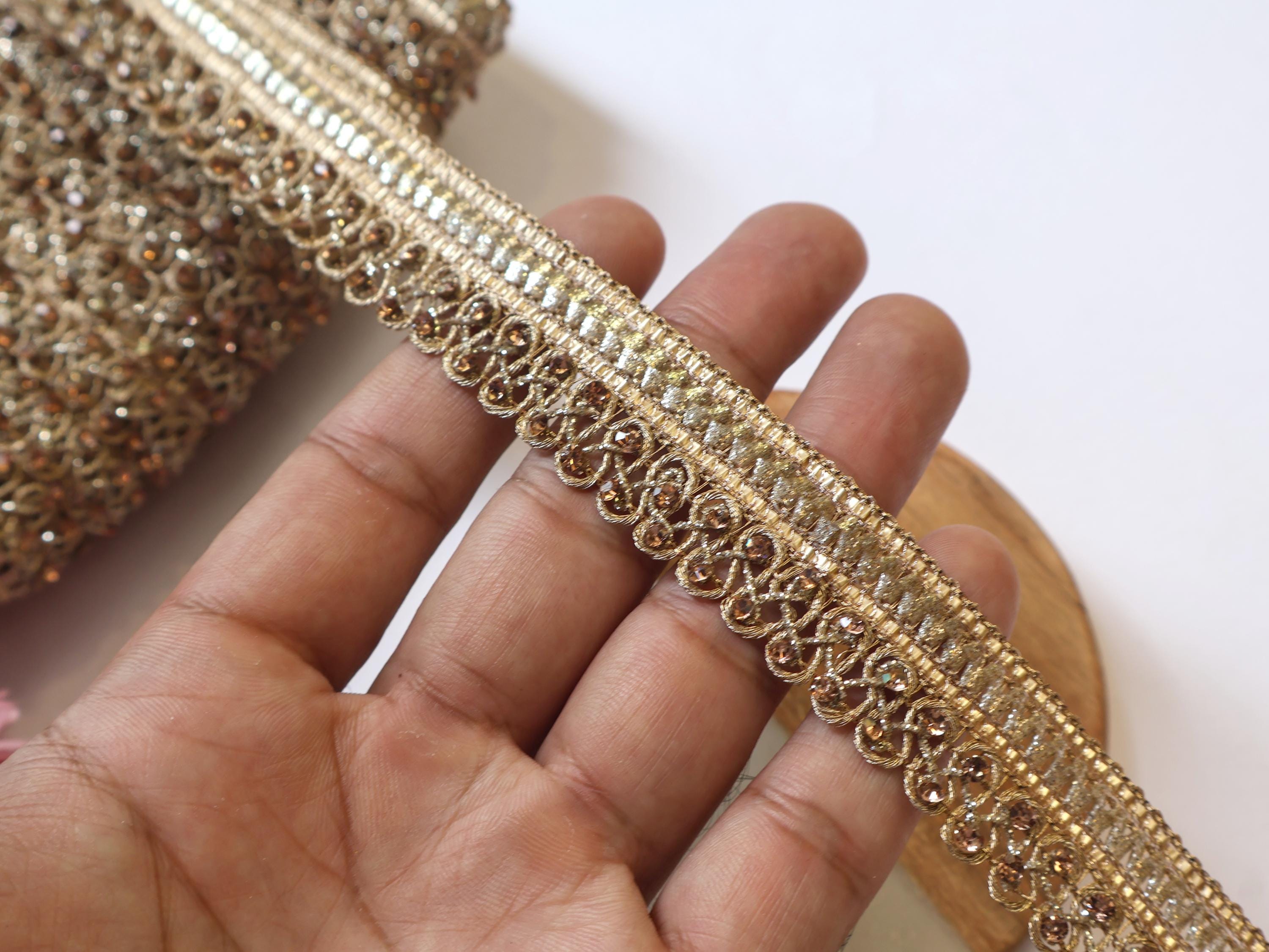 Gold Zircon Crystal Ribbon Trim: Indian Sari Border, 9 Yards