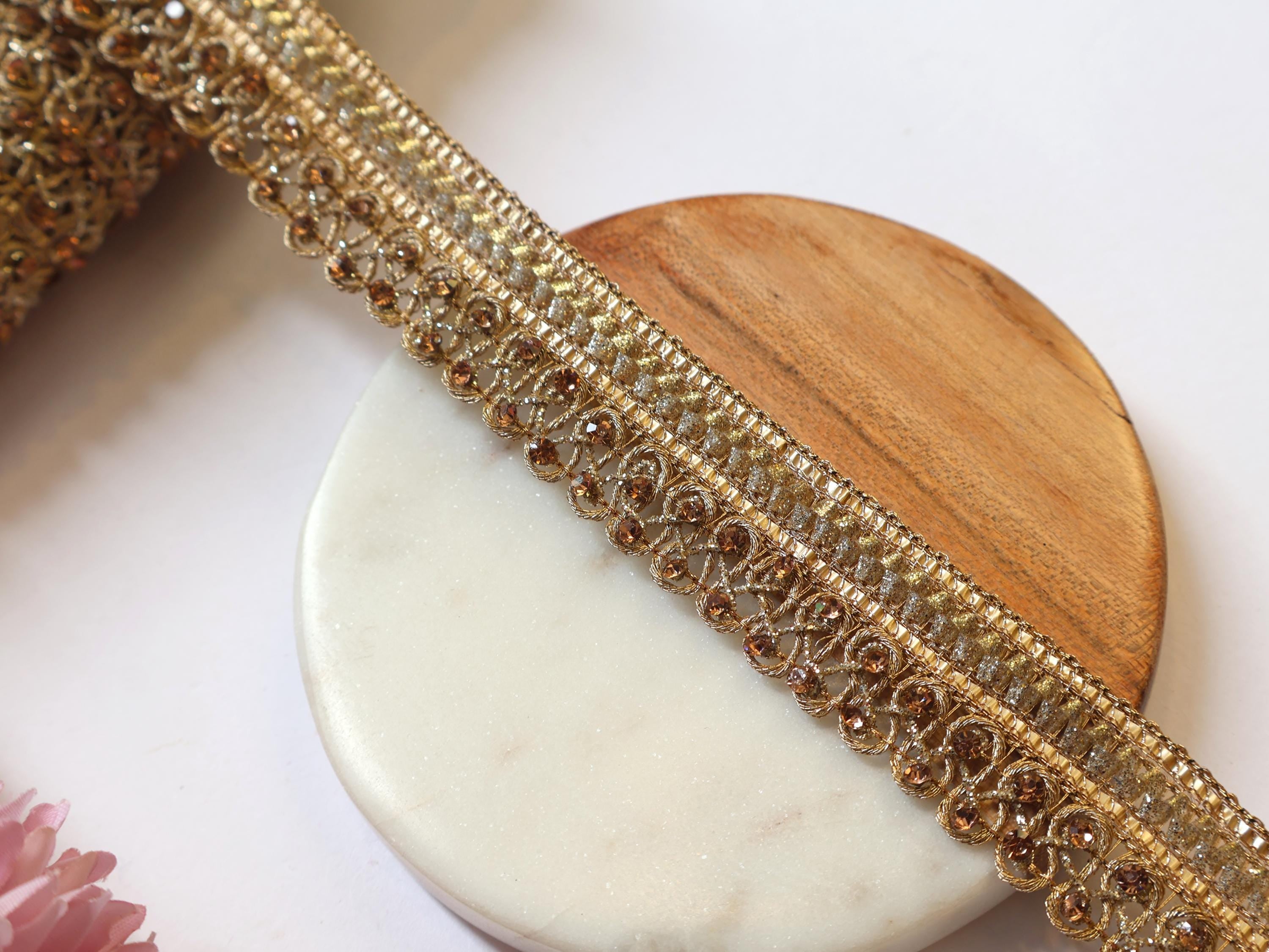 Gold Zircon Crystal Ribbon Trim: Indian Sari Border, 9 Yards