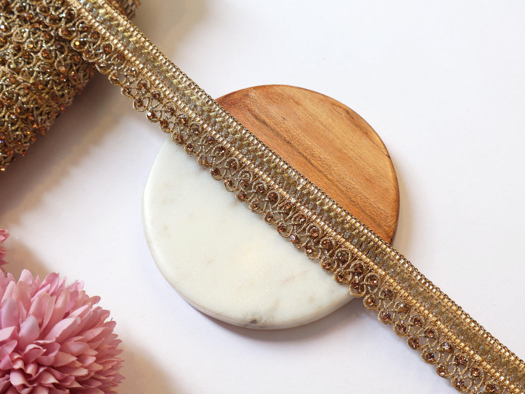 Gold Zircon Crystal Ribbon Trim: Indian Sari Border, 9 Yards