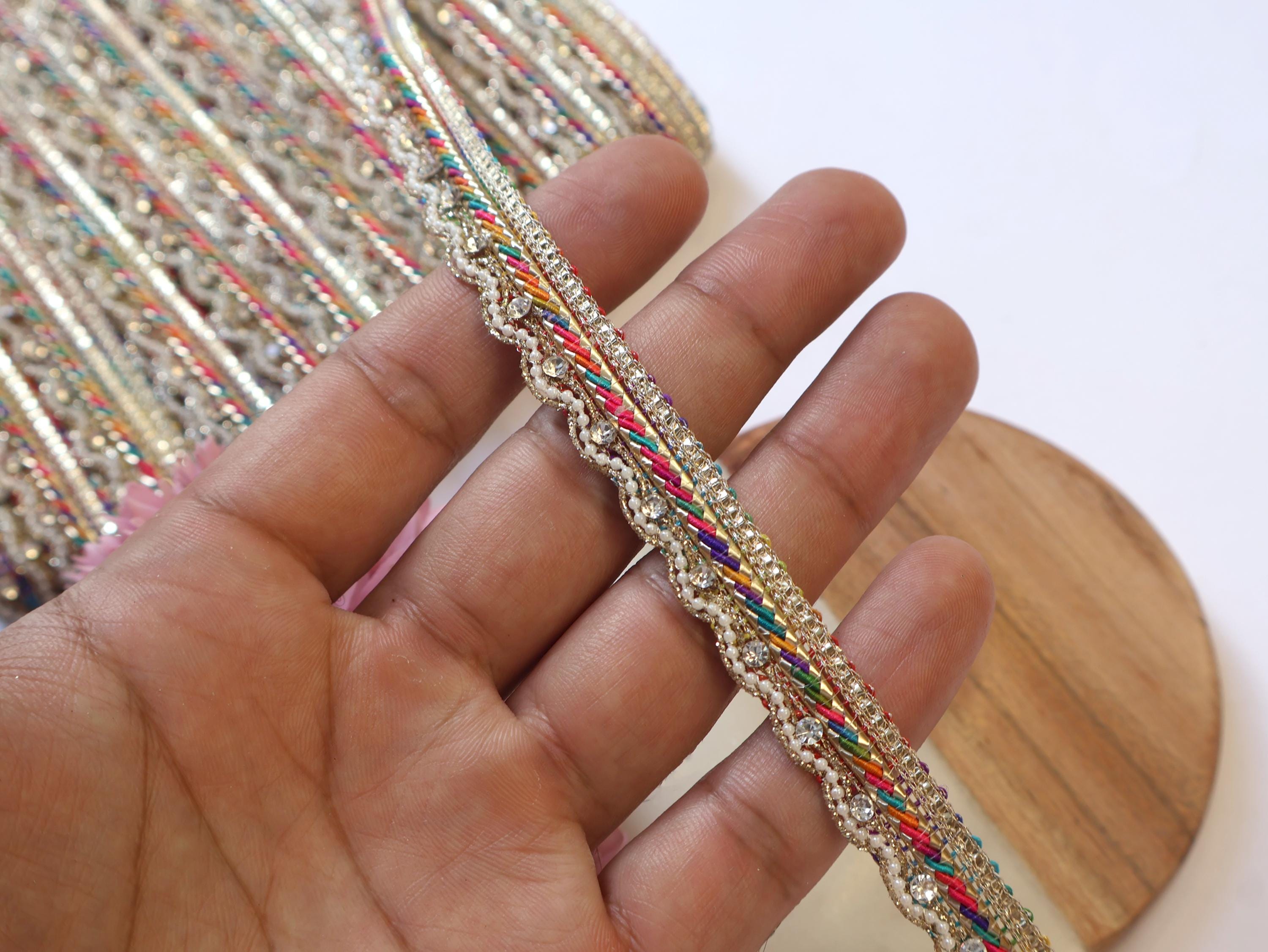 Multi Color Zircon Crystal Ribbon Trim: Zari Embroidery, Indian Sari Border