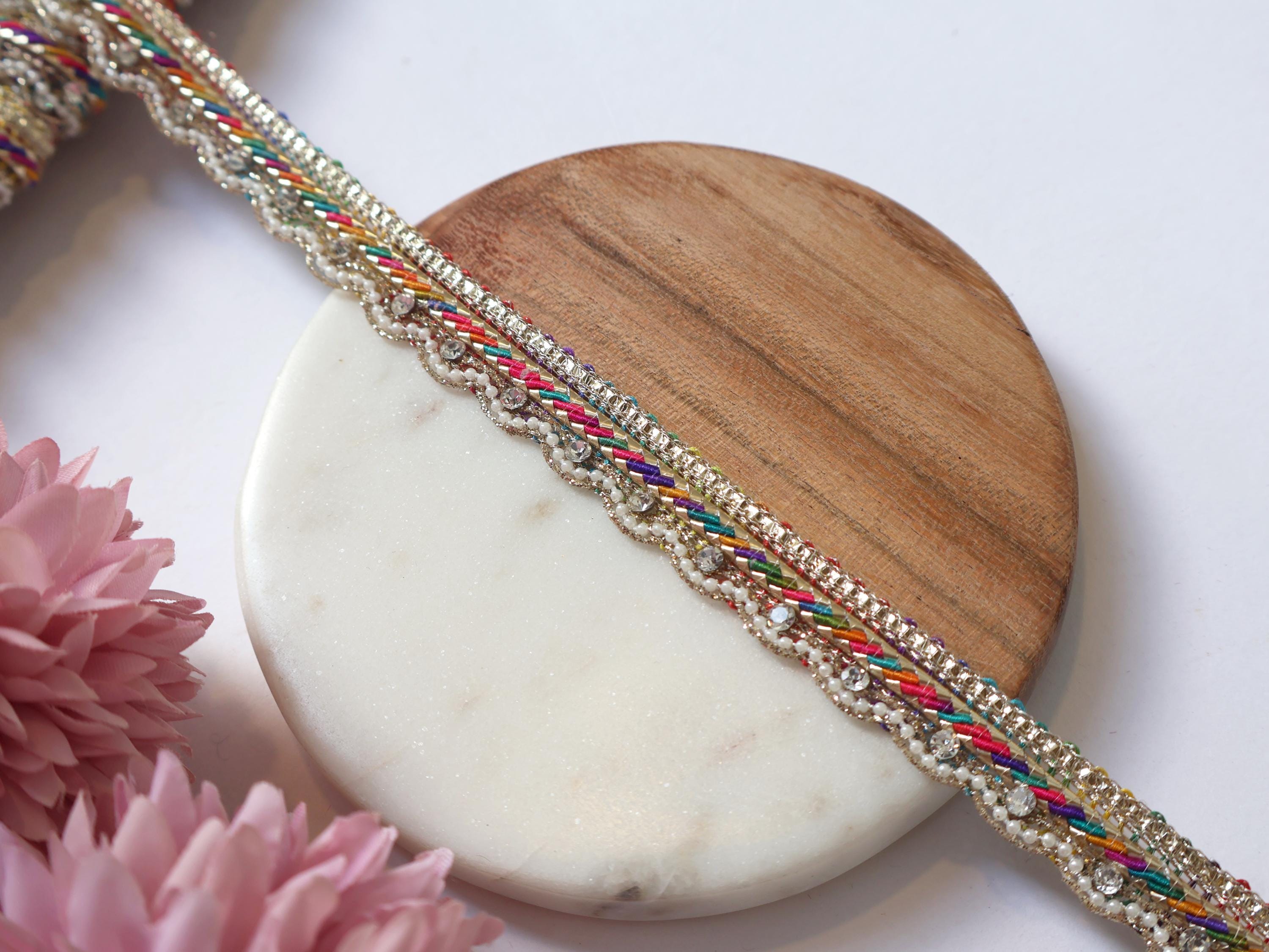 Multi Color Zircon Crystal Ribbon Trim: Zari Embroidery, Indian Sari Border