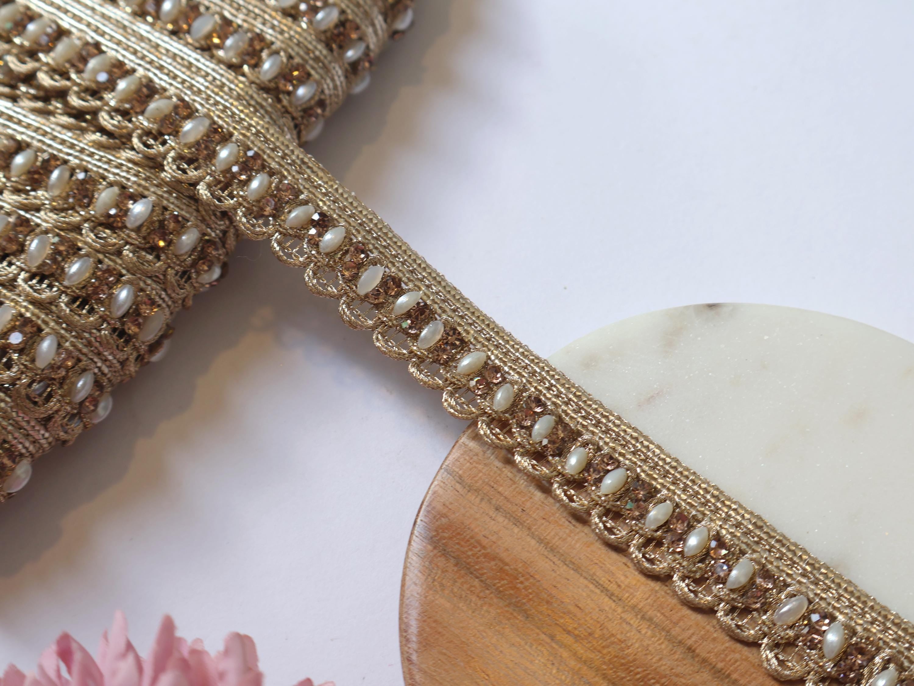 Golden Zircon Crystal Ribbon Trim: Indian Zari Lace, 9 Yards