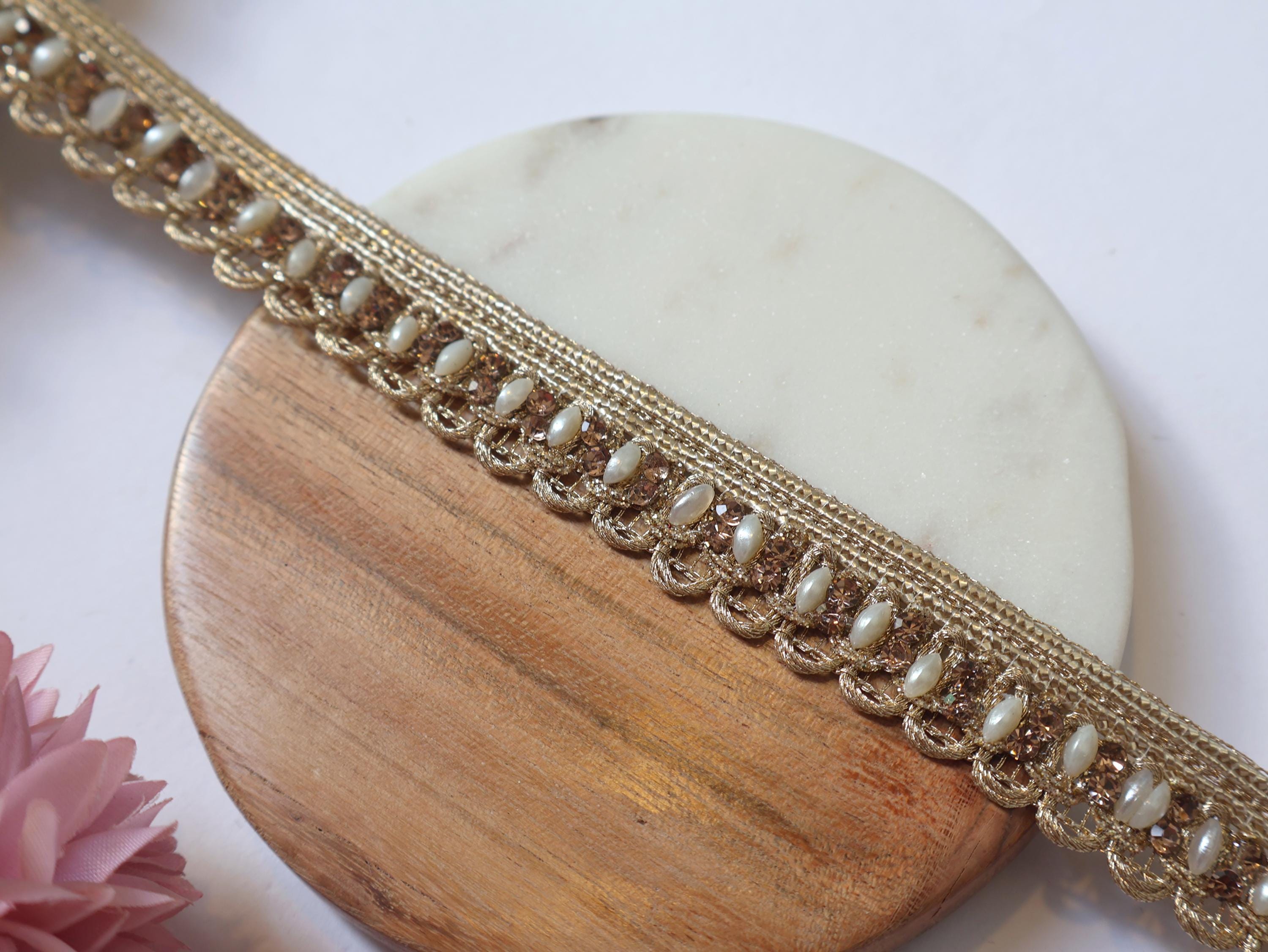 Golden Zircon Crystal Ribbon Trim: Indian Zari Lace, 9 Yards