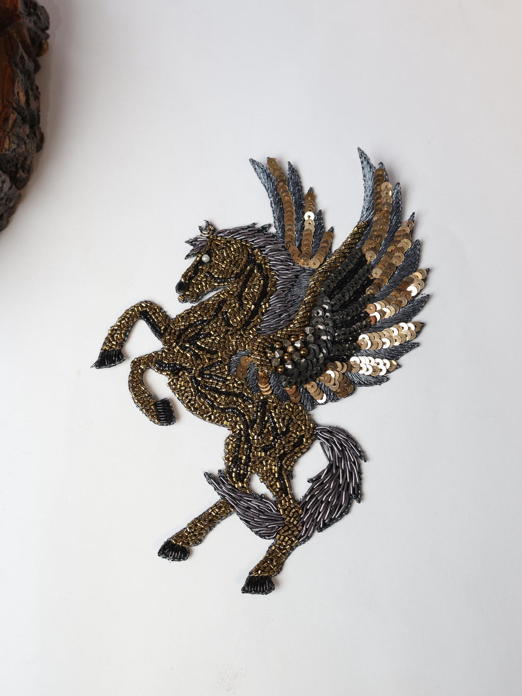 Gold Embroidered Horse Patch: Indian Handwork Sew-On Applique