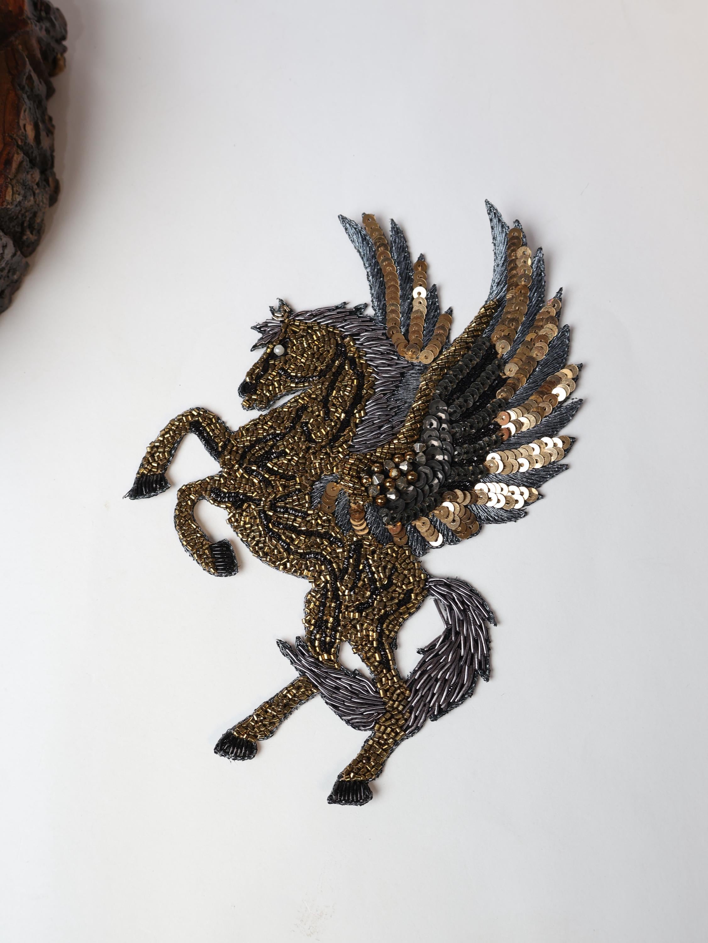 Gold Embroidered Horse Patch: Indian Handwork Sew-On Applique