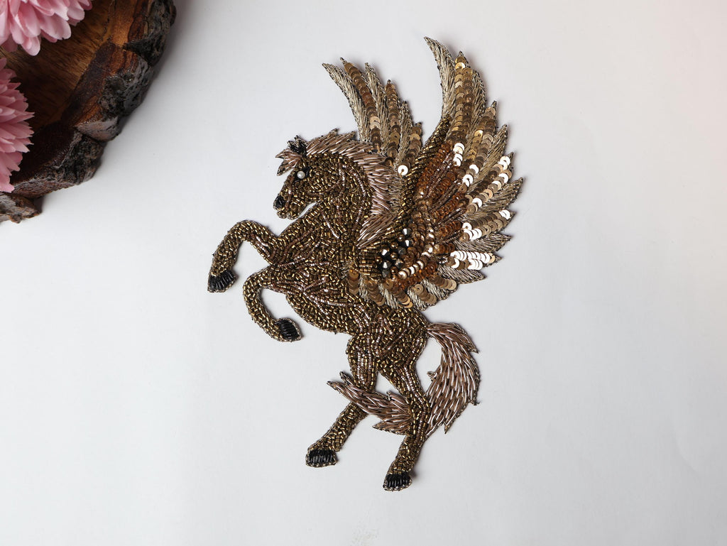 Gold Embroidered Horse Patch: Indian Handwork Sew-On Applique