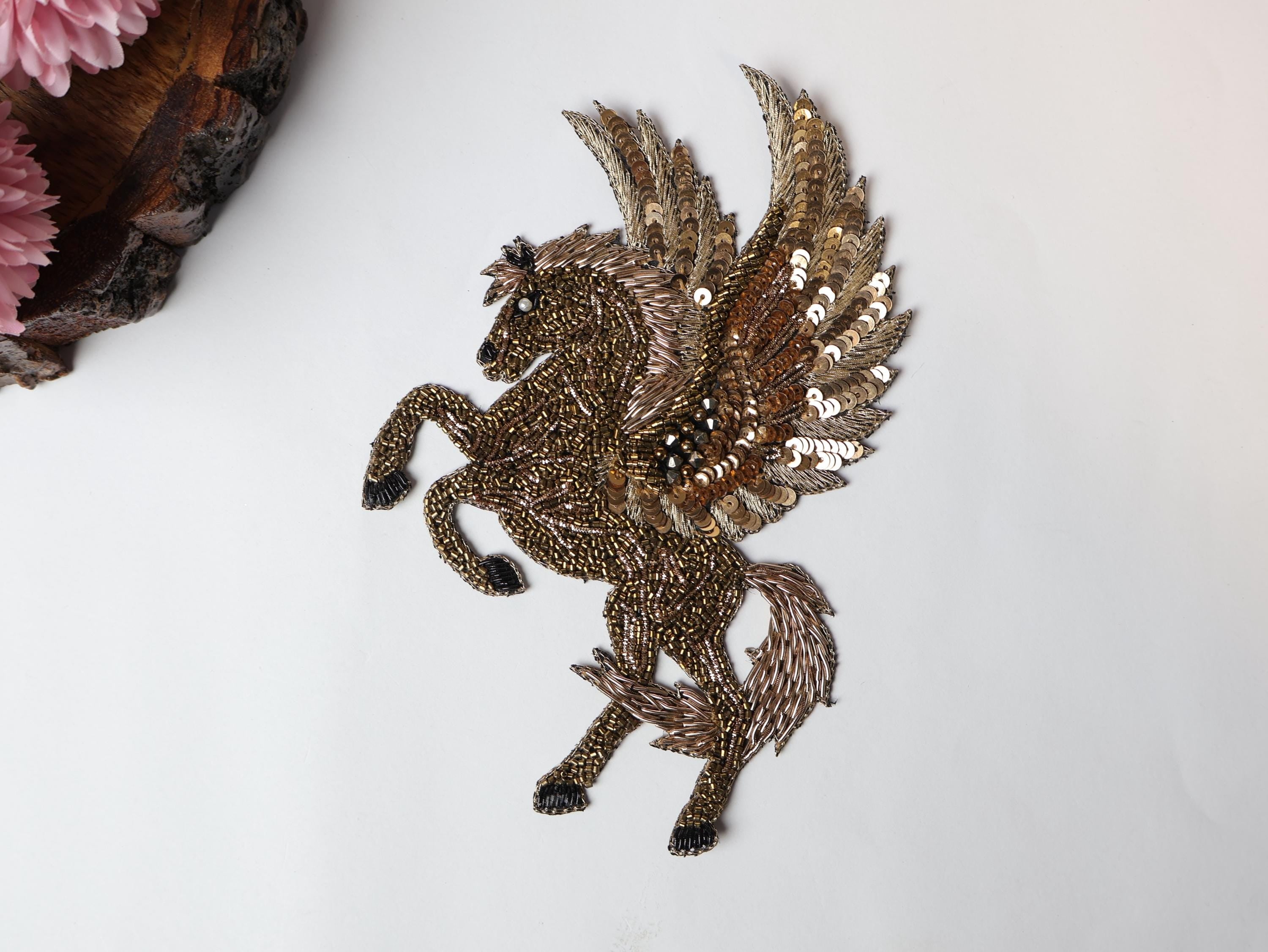 Gold Embroidered Horse Patch: Indian Handwork Sew-On Applique