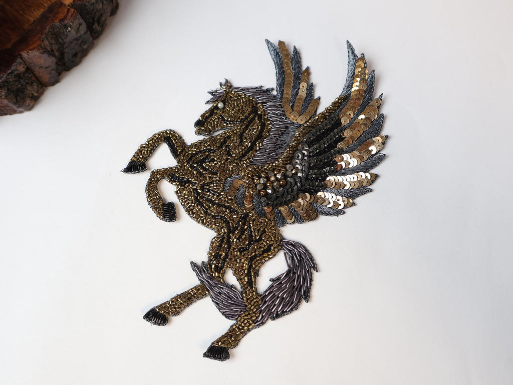 Gold Embroidered Horse Patch: Indian Handwork Sew-On Applique