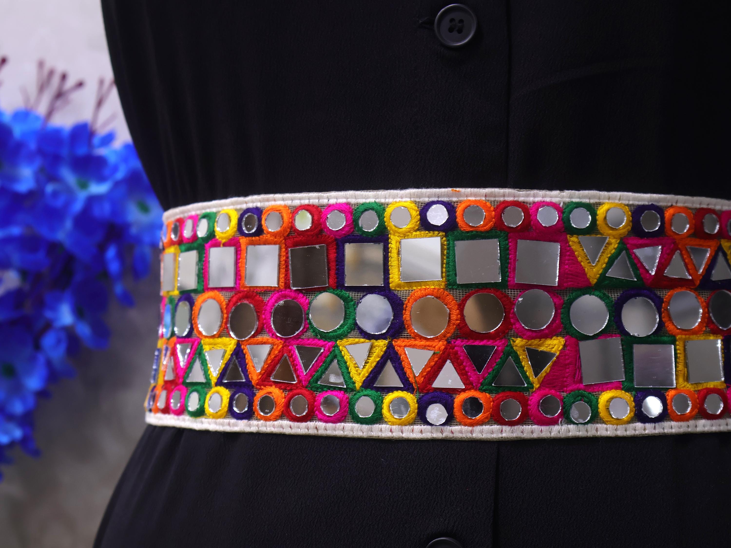 Mirrorwork Boho Waist Belt: Multicolor Embroidered Metal Clasp Chain