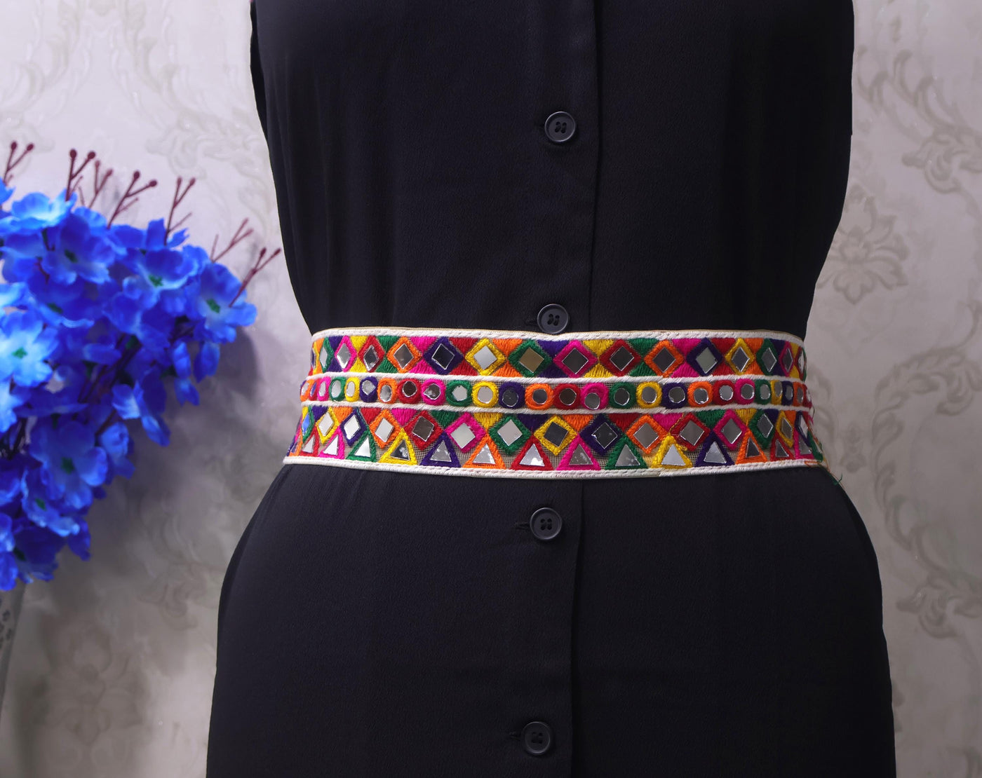Mirrorwork Waist Belt: Bohemian Indie Style, Metal Clasp, 7cm Broad