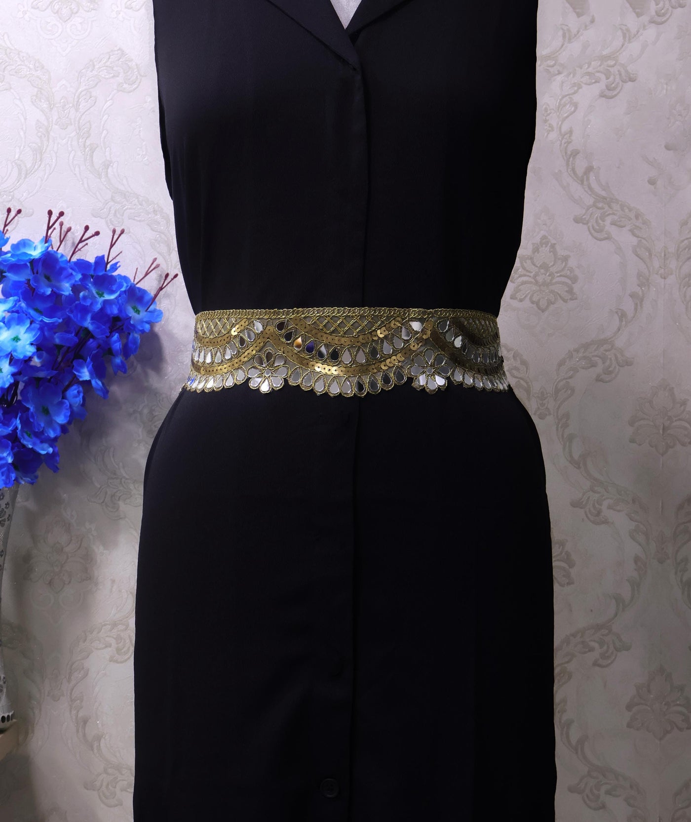 Gold Floral Mirrorwork Waist Belt: Ethnic Chic Statement Jewelry