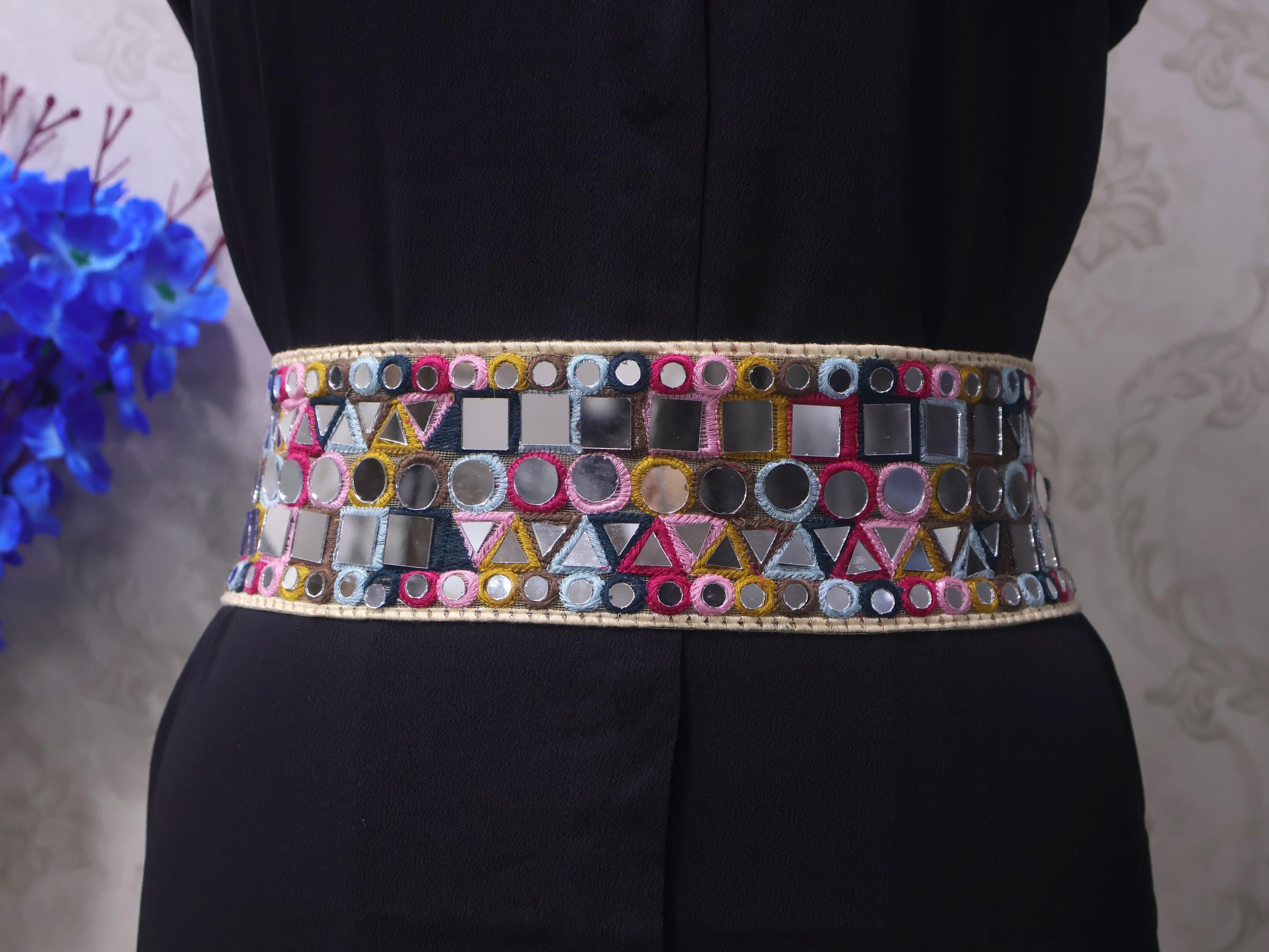 Mirrorwork Boho Waist Belt: Multicolor Embroidered Chain Belt