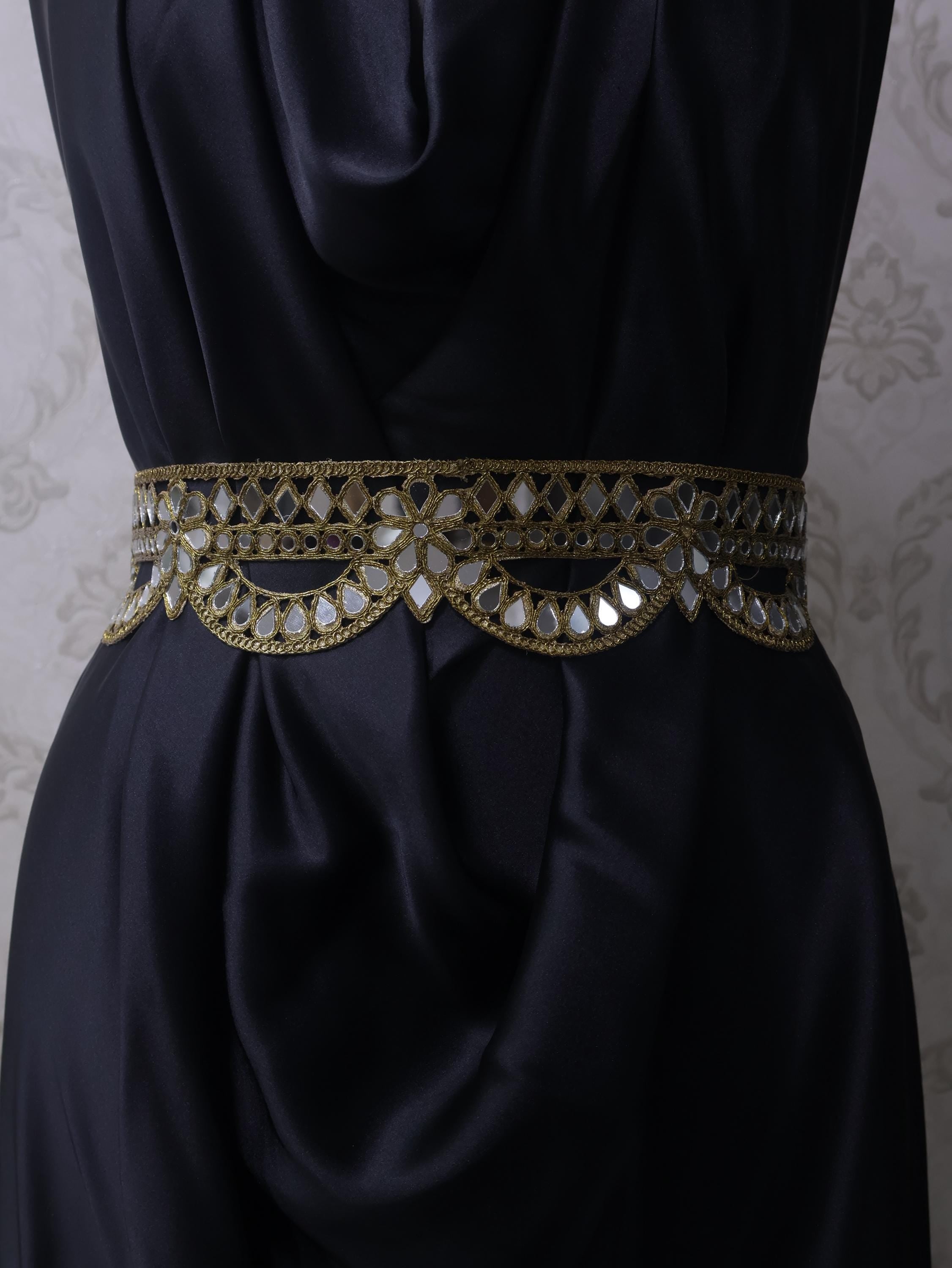 Dark Gold Scalloped Mirror Waist Belt: Floral Cutwork, Adjustable Chain