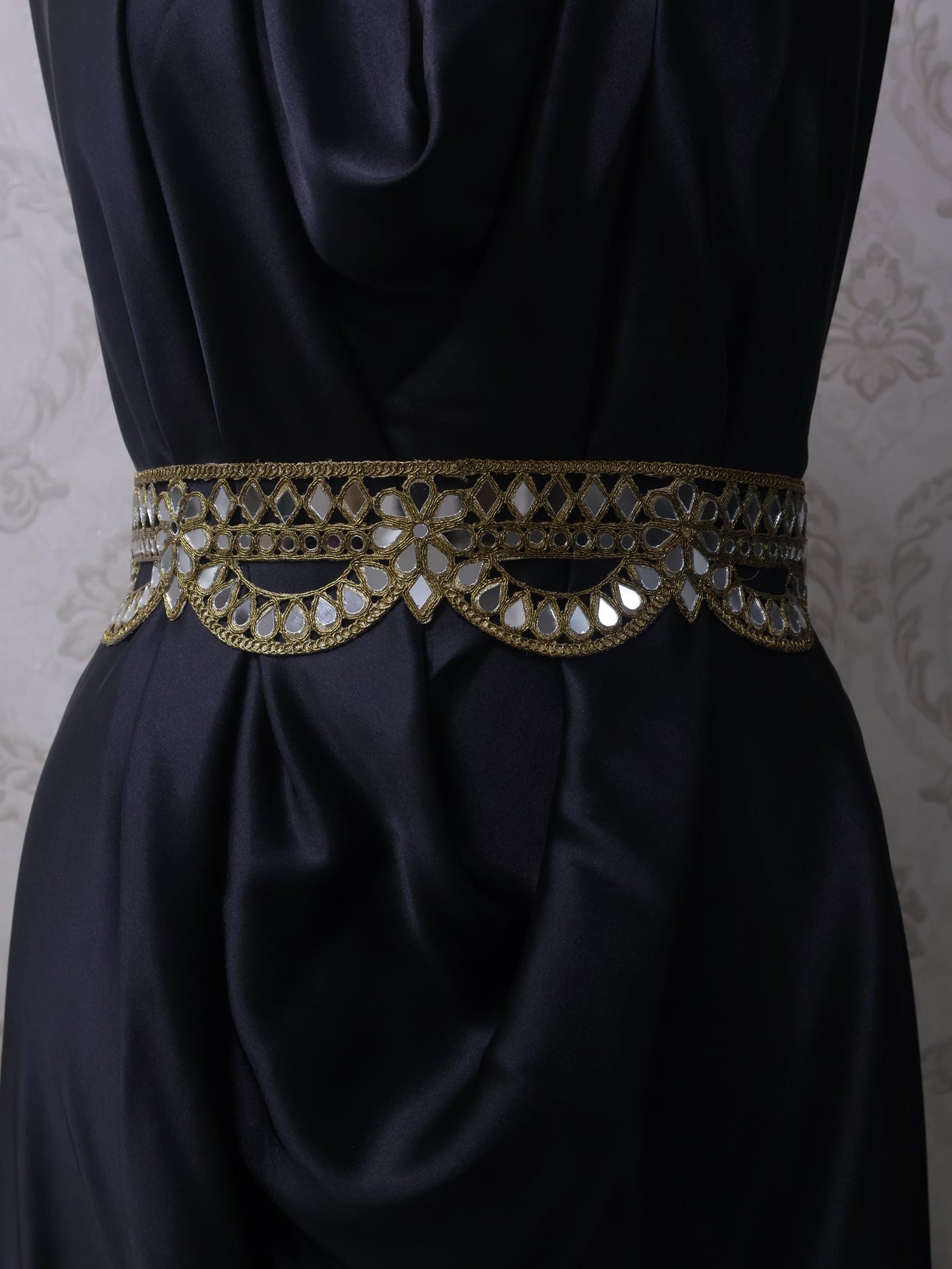 Dark Gold Scalloped Mirror Waist Belt: Floral Cutwork, Adjustable Chain